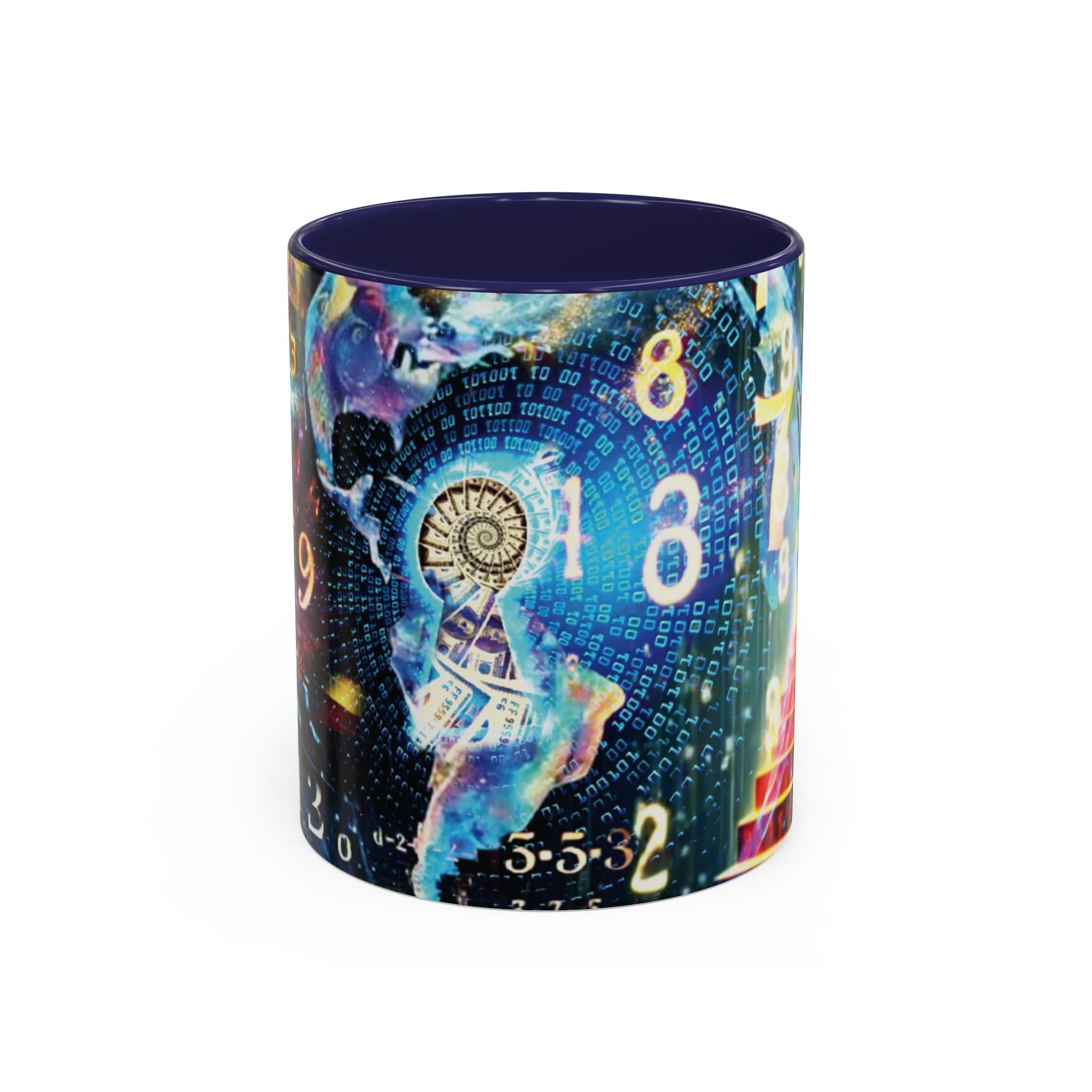 Mystical Numerology Accent Coffee Mug — Cosmic Numbers & Spiral Design (11/15oz)