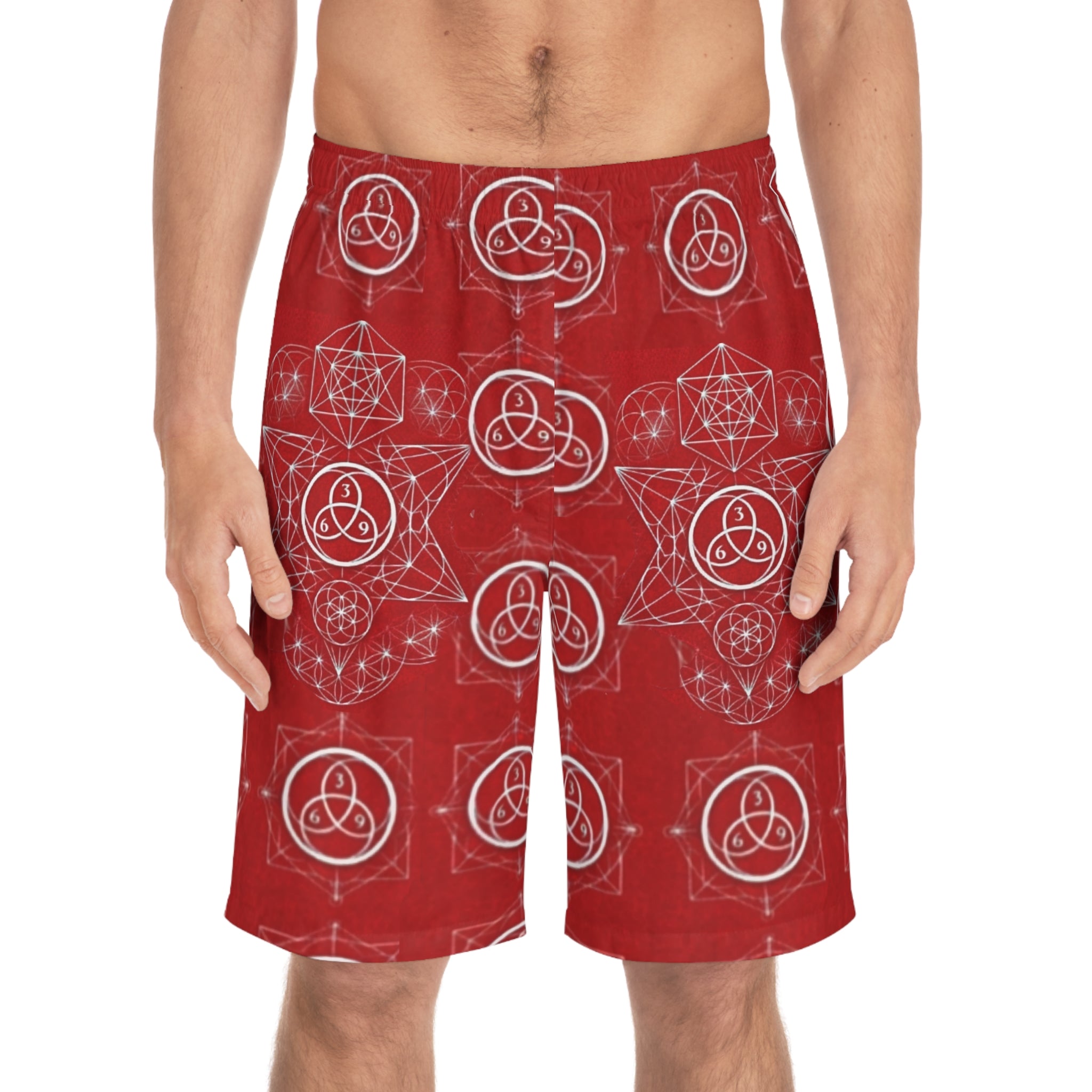 Red Sacred Geometry Board Shorts — Men's AOP Swim Trunks