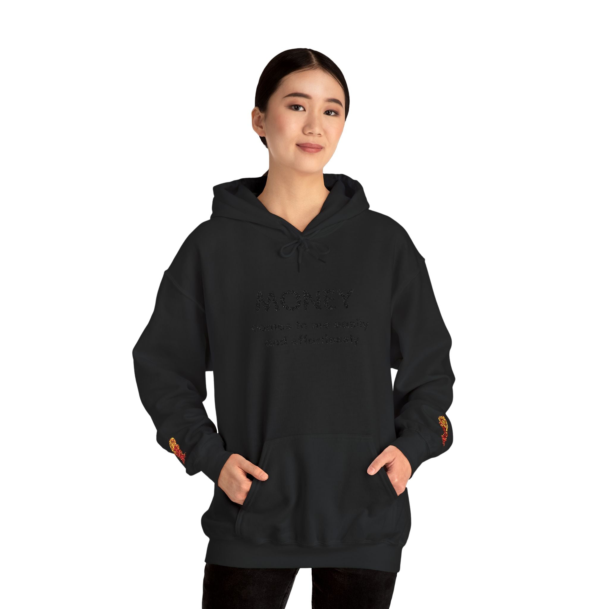 "Geld kommt zu mir" Hoodie — Positiver Affirmations-Hoodie mit Ärmelflammen-Akzent
