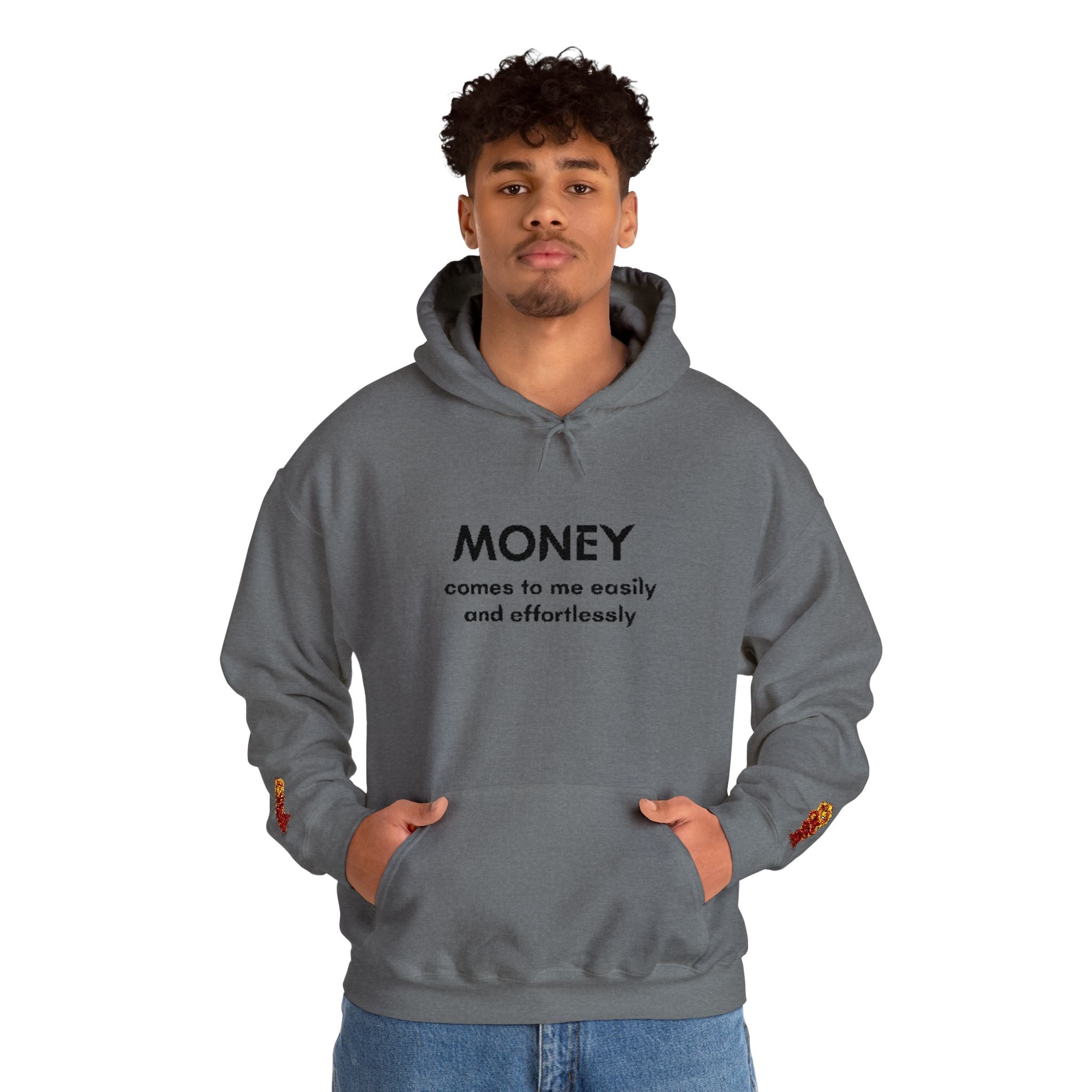 "Geld kommt zu mir" Hoodie — Positiver Affirmations-Hoodie mit Ärmelflammen-Akzent