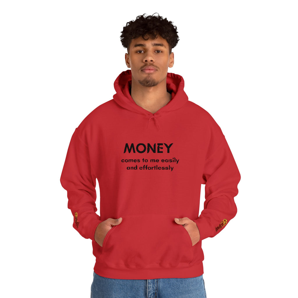 "Geld kommt zu mir" Hoodie — Positiver Affirmations-Hoodie mit Ärmelflammen-Akzent