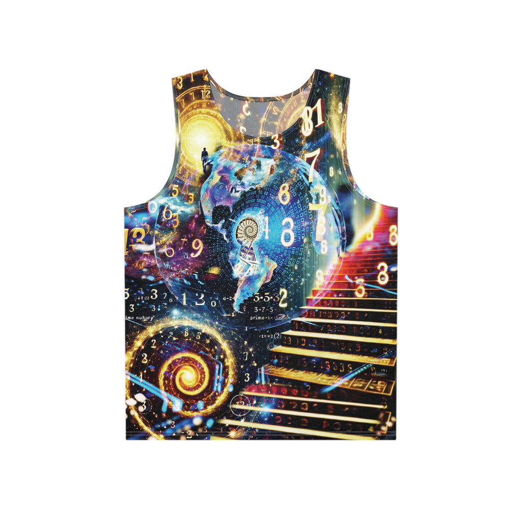 サイケデリック数秘術タンクトップ — コズミック・ステアウェイ＆聖なる数字の全面プリント