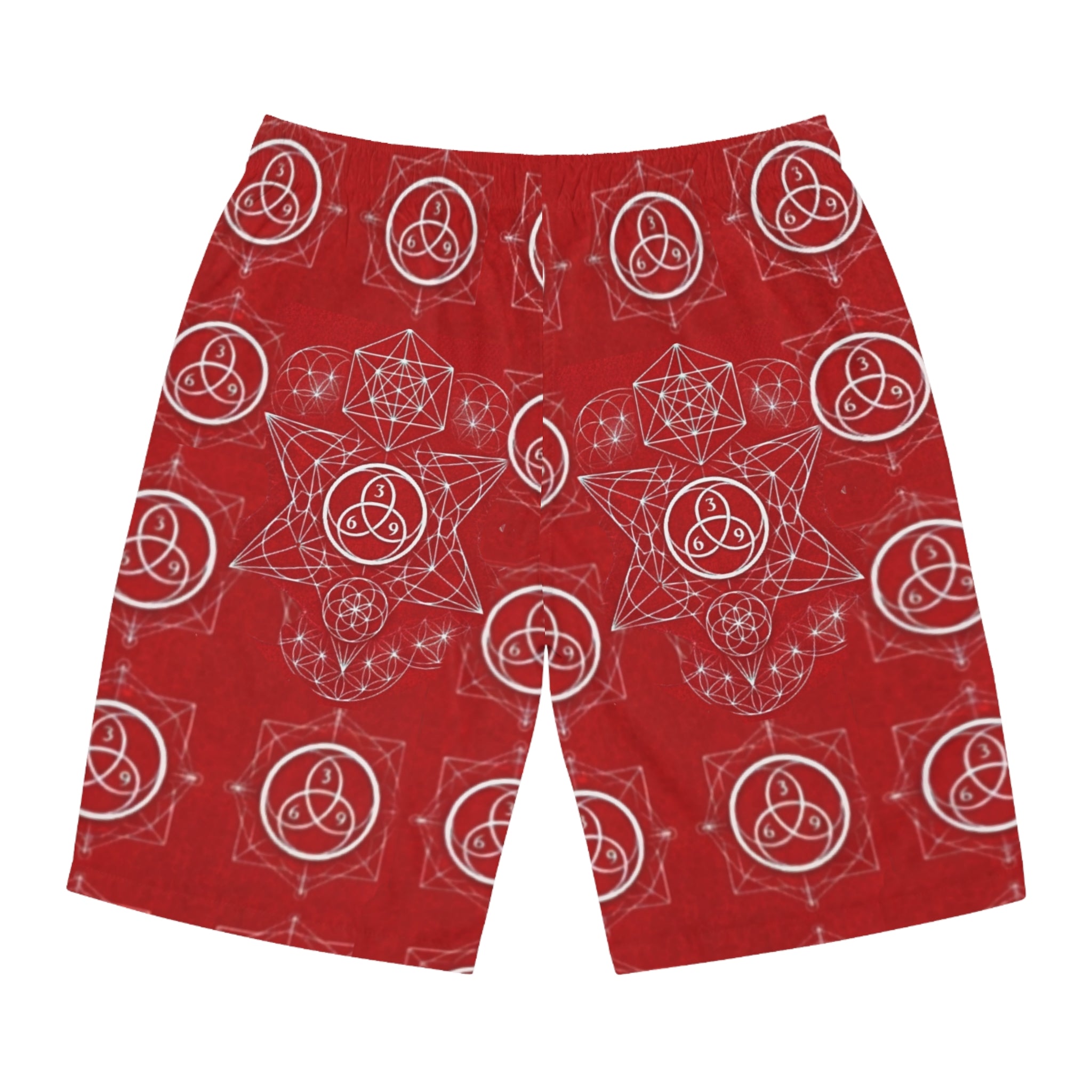 Red Sacred Geometry Board Shorts — Men's AOP Swim Trunks