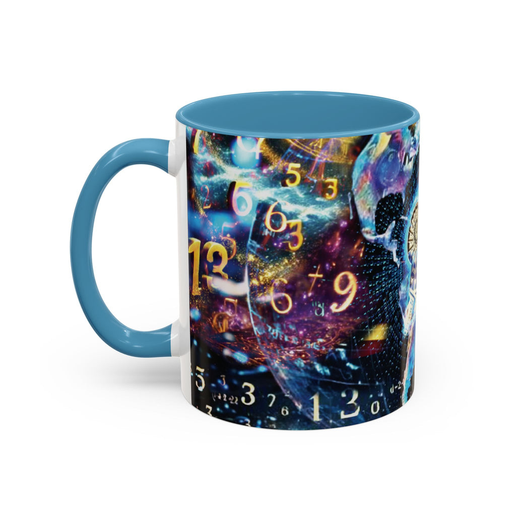 神秘的な数秘術アクセントコーヒーマグ — 宇宙の数字とスパイラルデザイン (11/15oz)