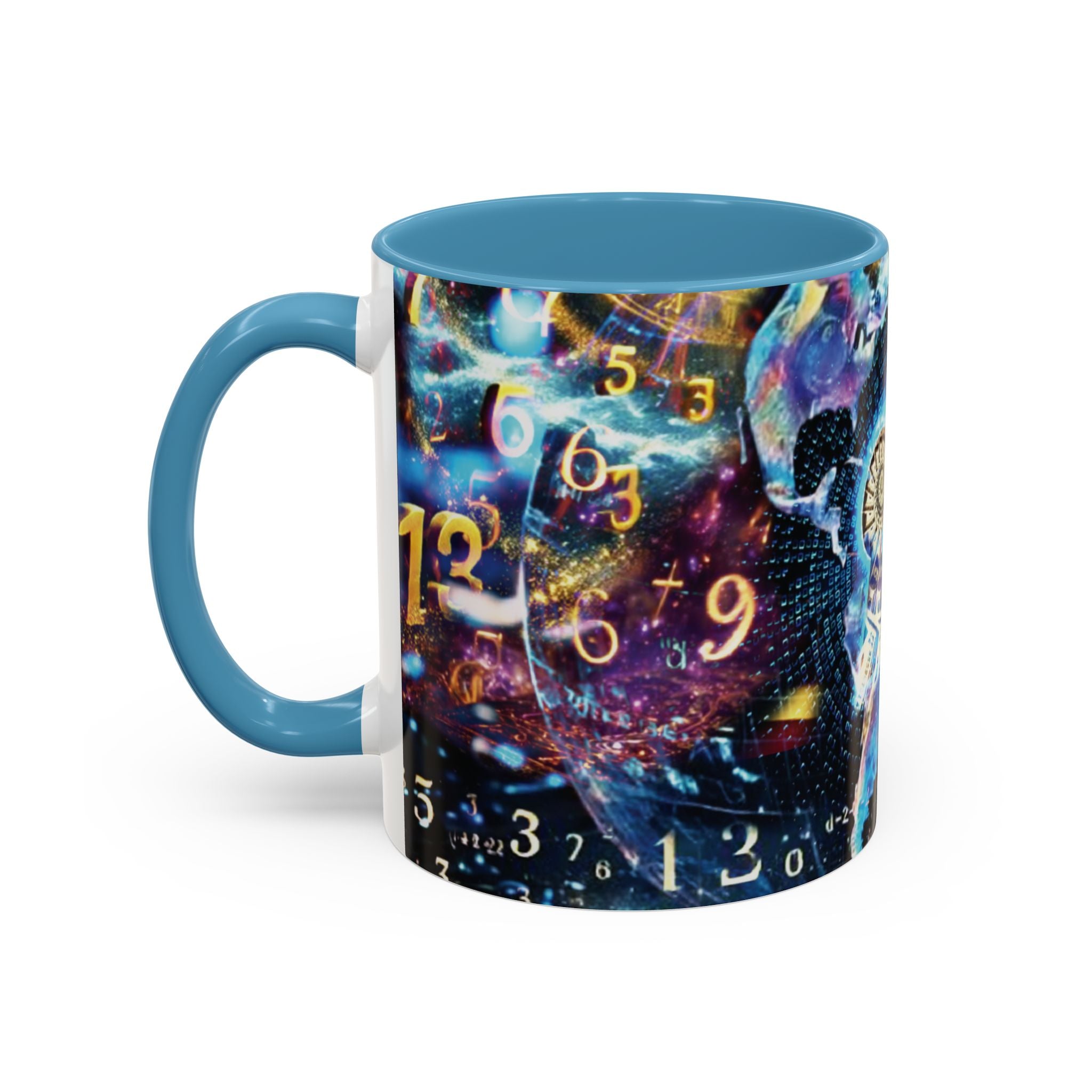 神秘的な数秘術アクセントコーヒーマグ — 宇宙の数字とスパイラルデザイン (11/15oz)