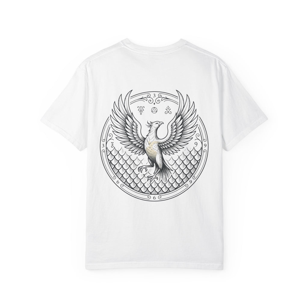 鳳凰冠Tシャツ | 冠ウロボロス再生グラフィックTシャツ | ガーメントダイ ヘビーウェイトコットン | スピリチュアル・トランスフォーメーション アパレル