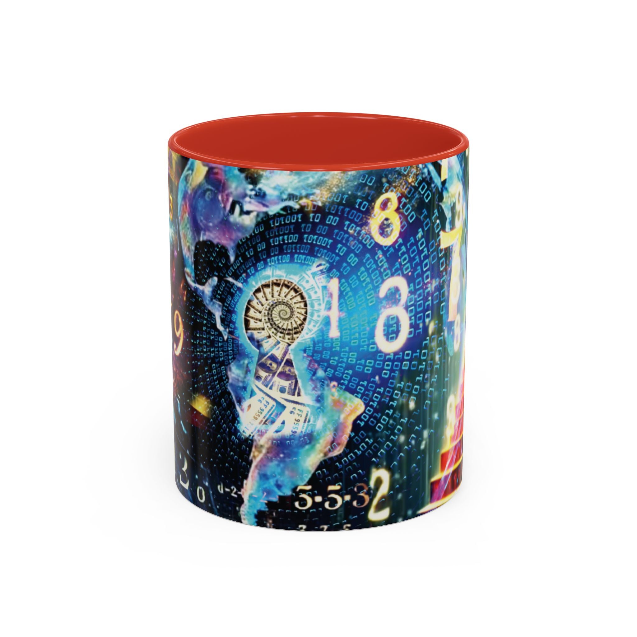 Mystical Numerology Accent Coffee Mug — Cosmic Numbers & Spiral Design (11/15oz)