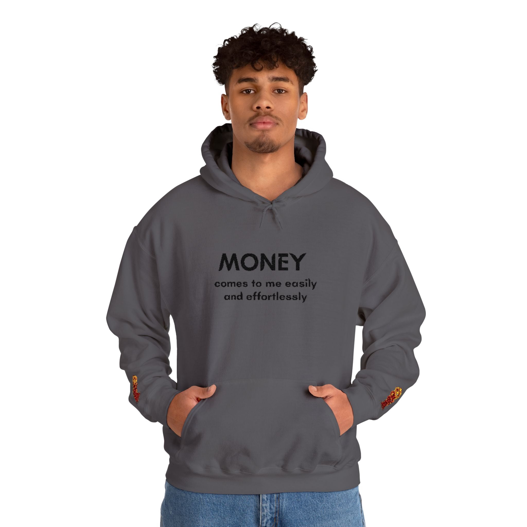 "Geld kommt zu mir" Hoodie — Positiver Affirmations-Hoodie mit Ärmelflammen-Akzent