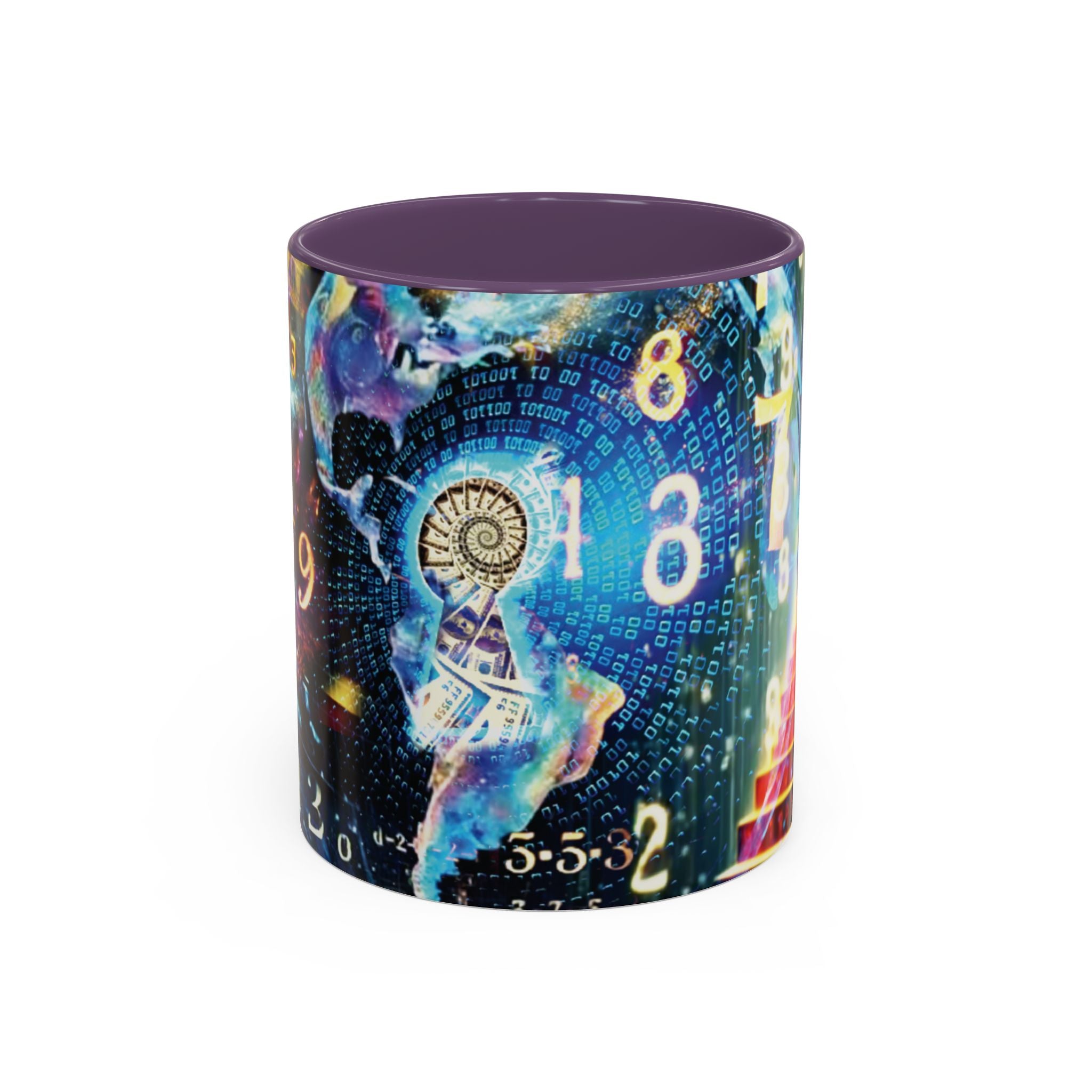 Mystical Numerology Accent Coffee Mug — Cosmic Numbers & Spiral Design (11/15oz)