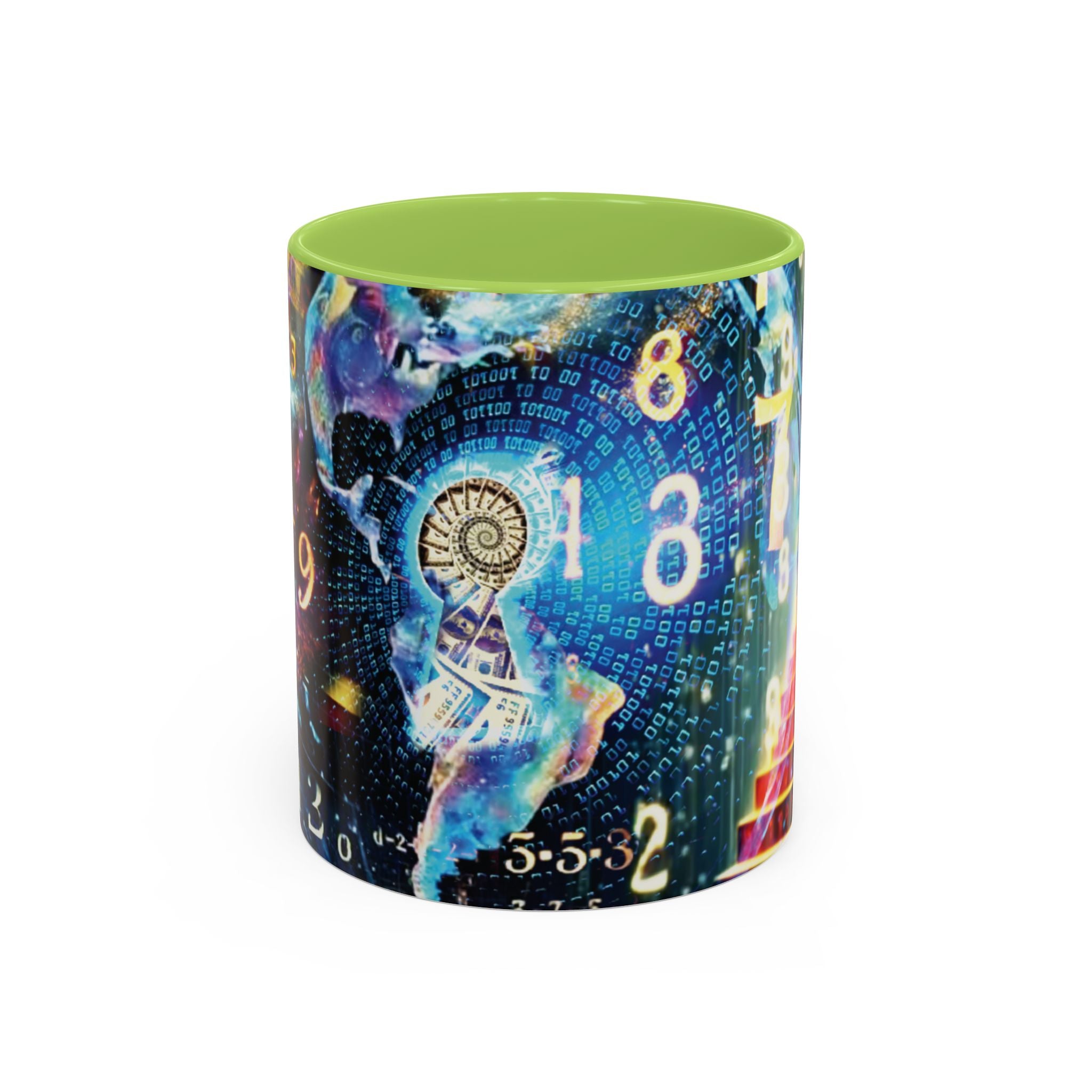 Mystical Numerology Accent Coffee Mug — Cosmic Numbers & Spiral Design (11/15oz)