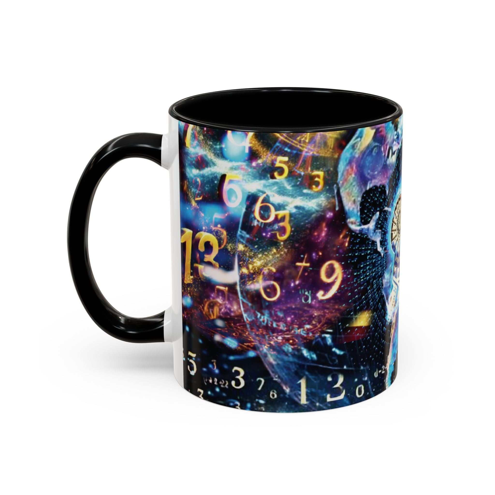 Mystical Numerology Accent Coffee Mug — Cosmic Numbers & Spiral Design (11/15oz)