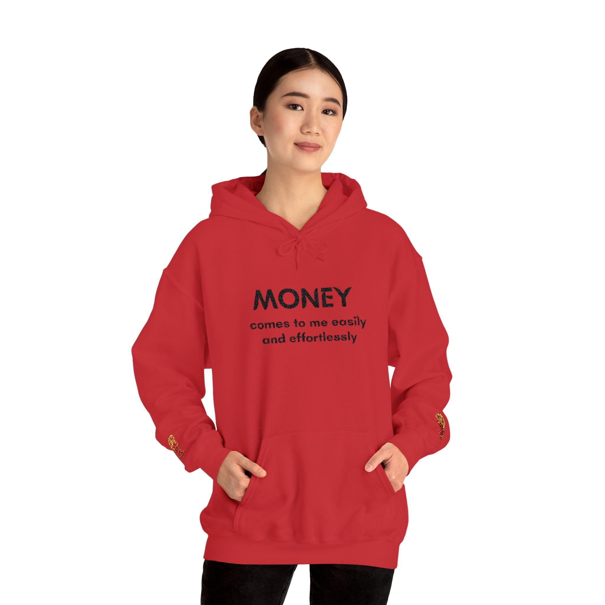 "Geld kommt zu mir" Hoodie — Positiver Affirmations-Hoodie mit Ärmelflammen-Akzent