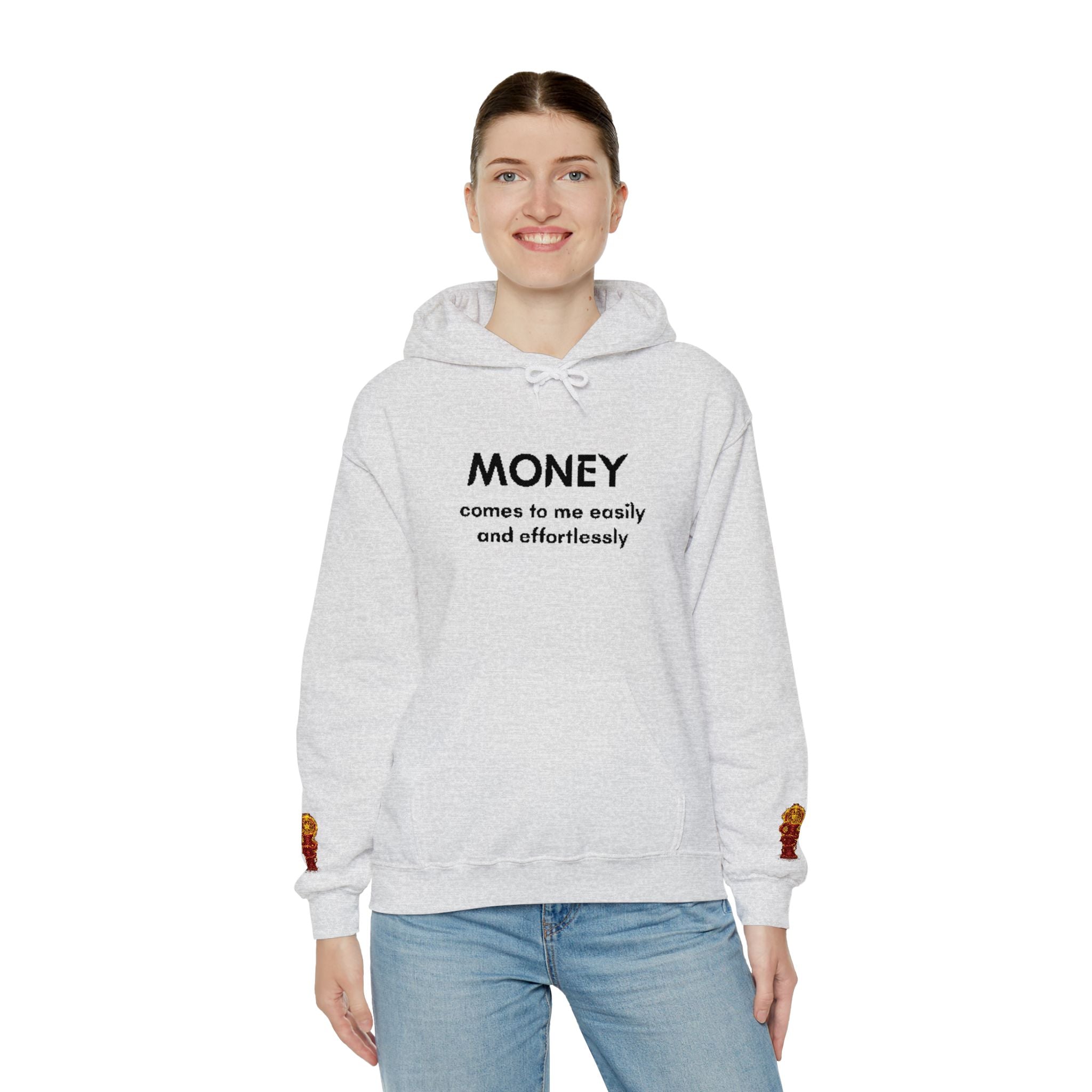 "Geld kommt zu mir" Hoodie — Positiver Affirmations-Hoodie mit Ärmelflammen-Akzent