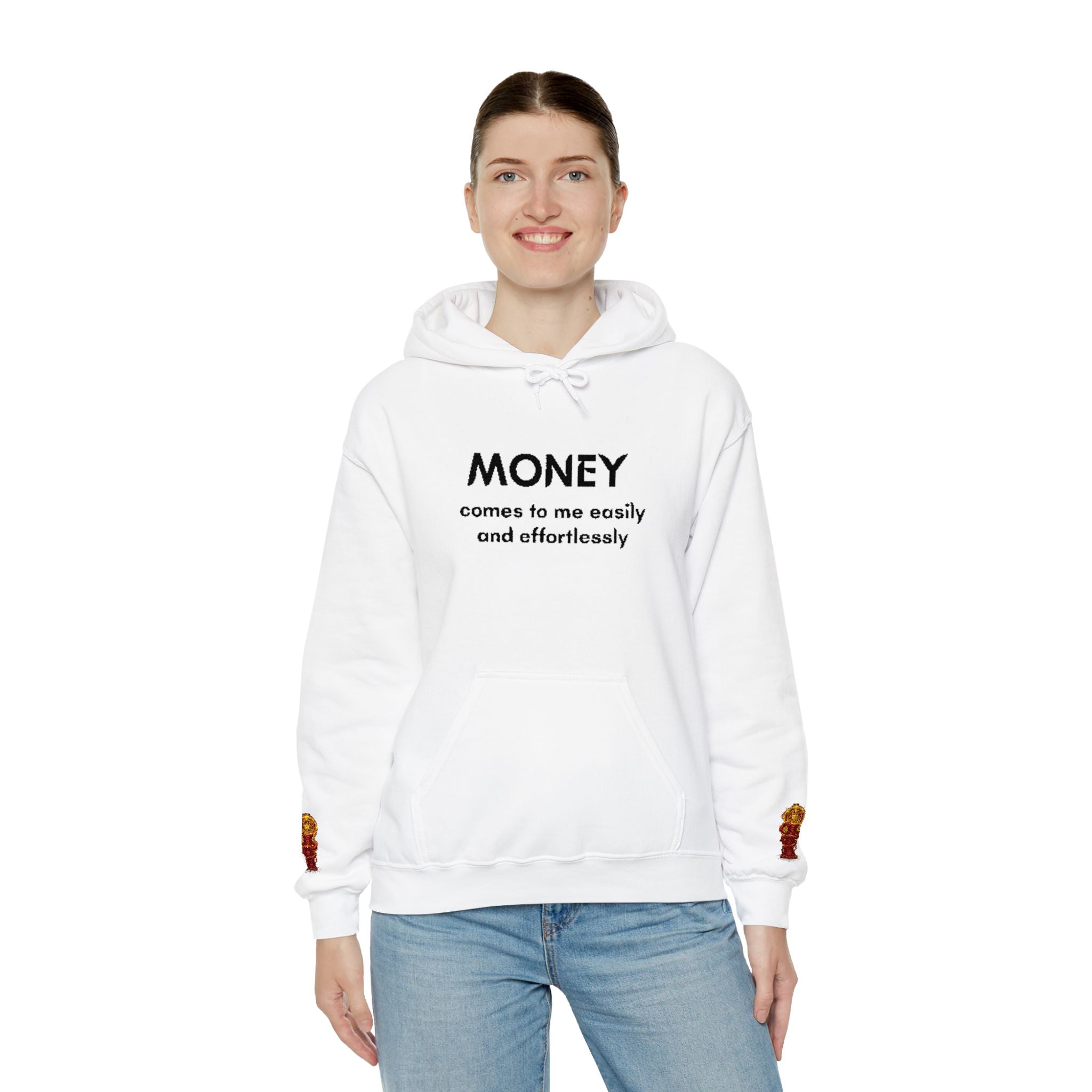 "Geld kommt zu mir" Hoodie — Positiver Affirmations-Hoodie mit Ärmelflammen-Akzent