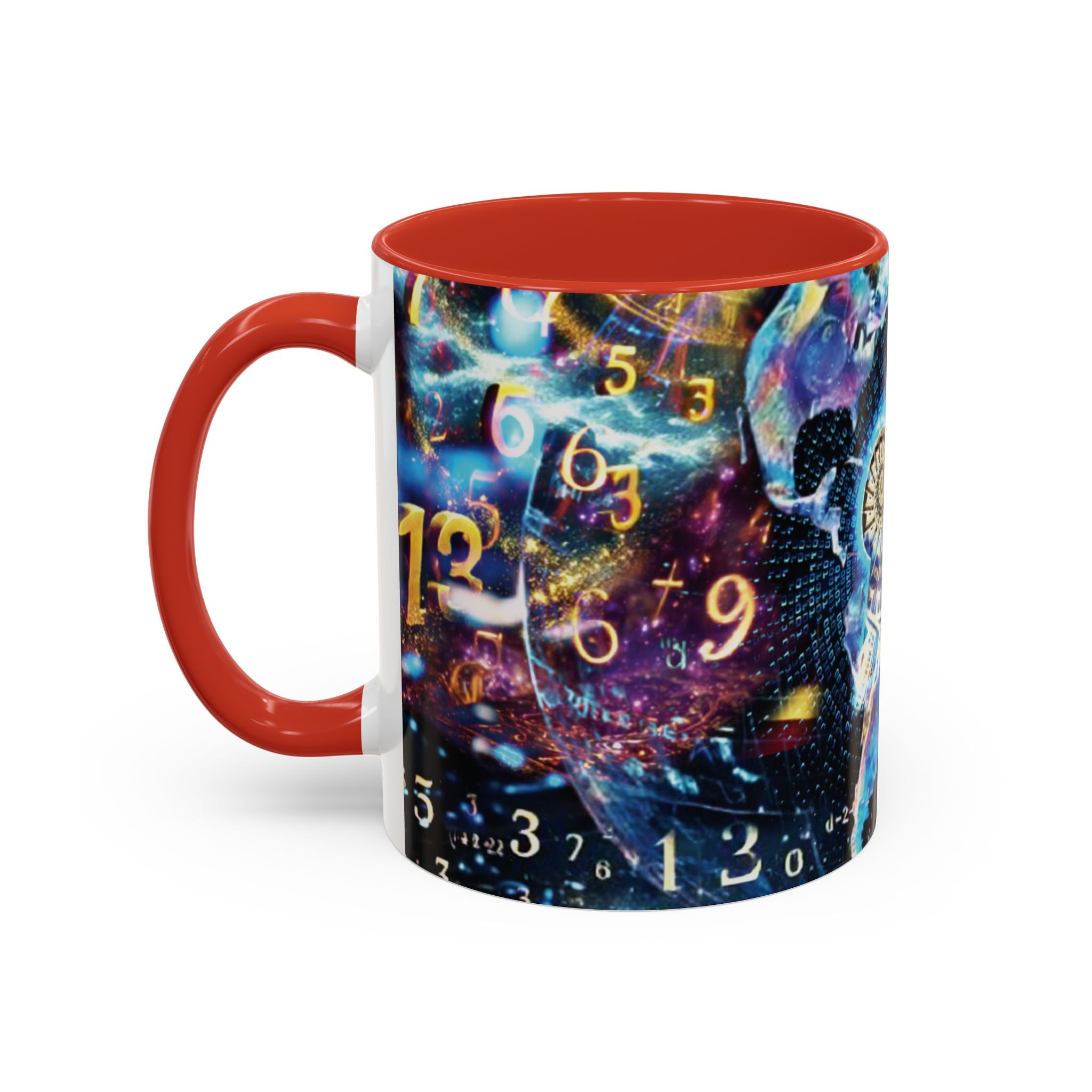 神秘的な数秘術アクセントコーヒーマグ — 宇宙の数字とスパイラルデザイン (11/15oz)