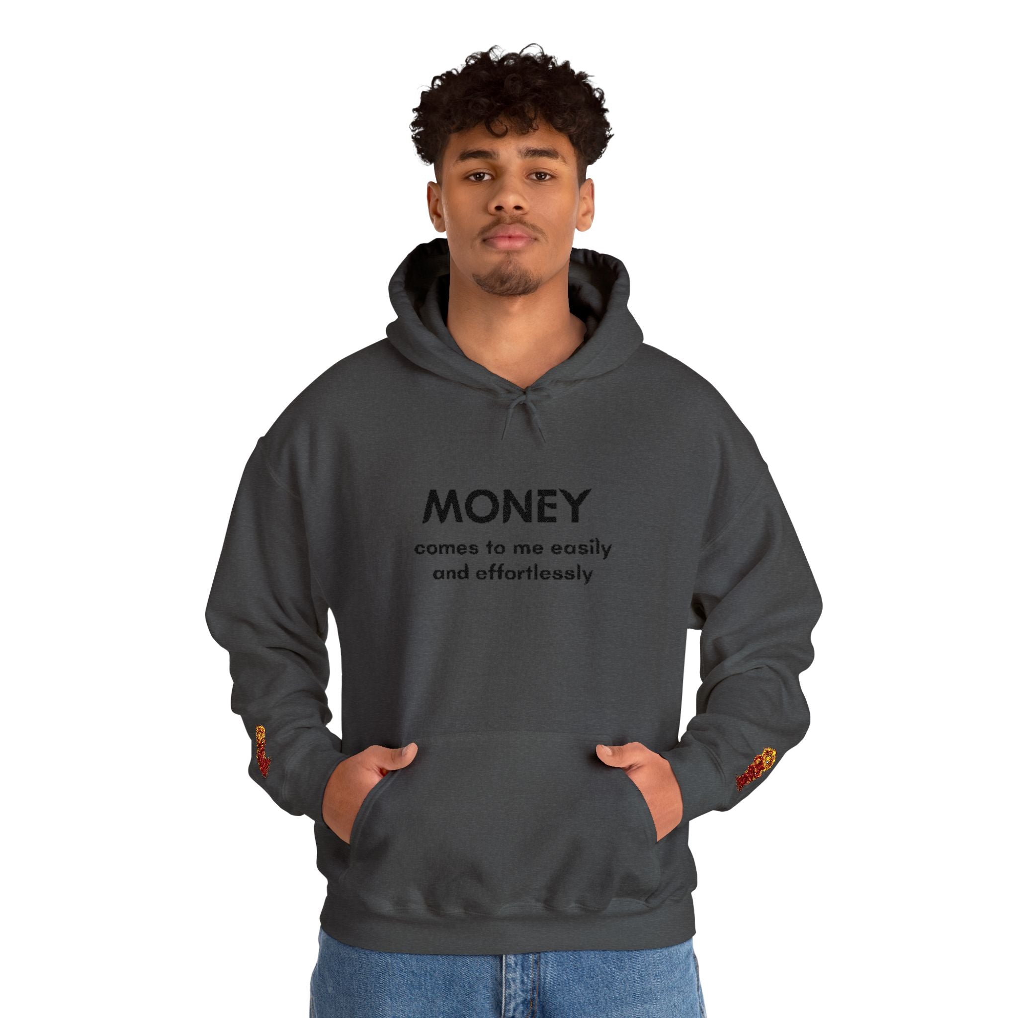 "Geld kommt zu mir" Hoodie — Positiver Affirmations-Hoodie mit Ärmelflammen-Akzent