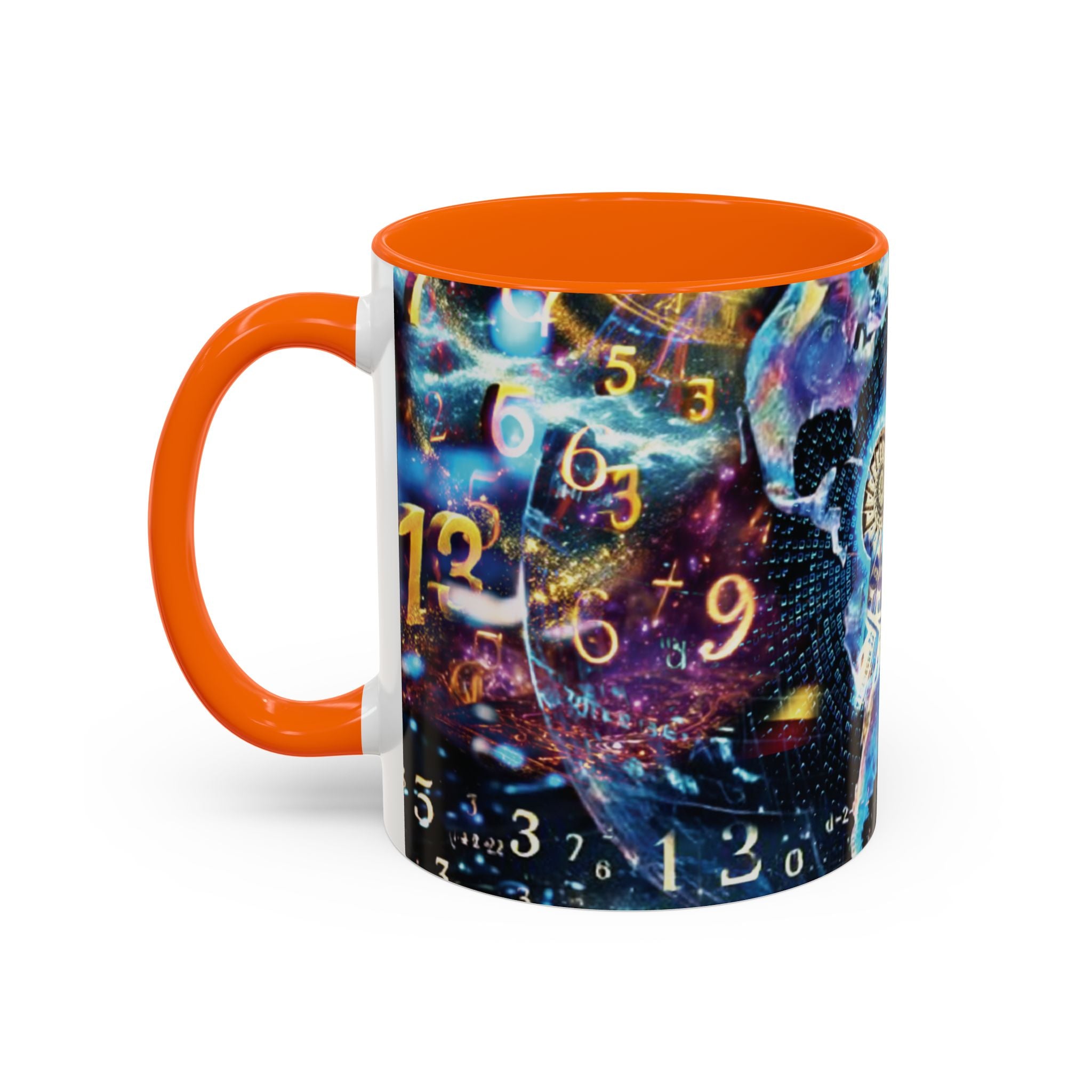 神秘的な数秘術アクセントコーヒーマグ — 宇宙の数字とスパイラルデザイン (11/15oz)