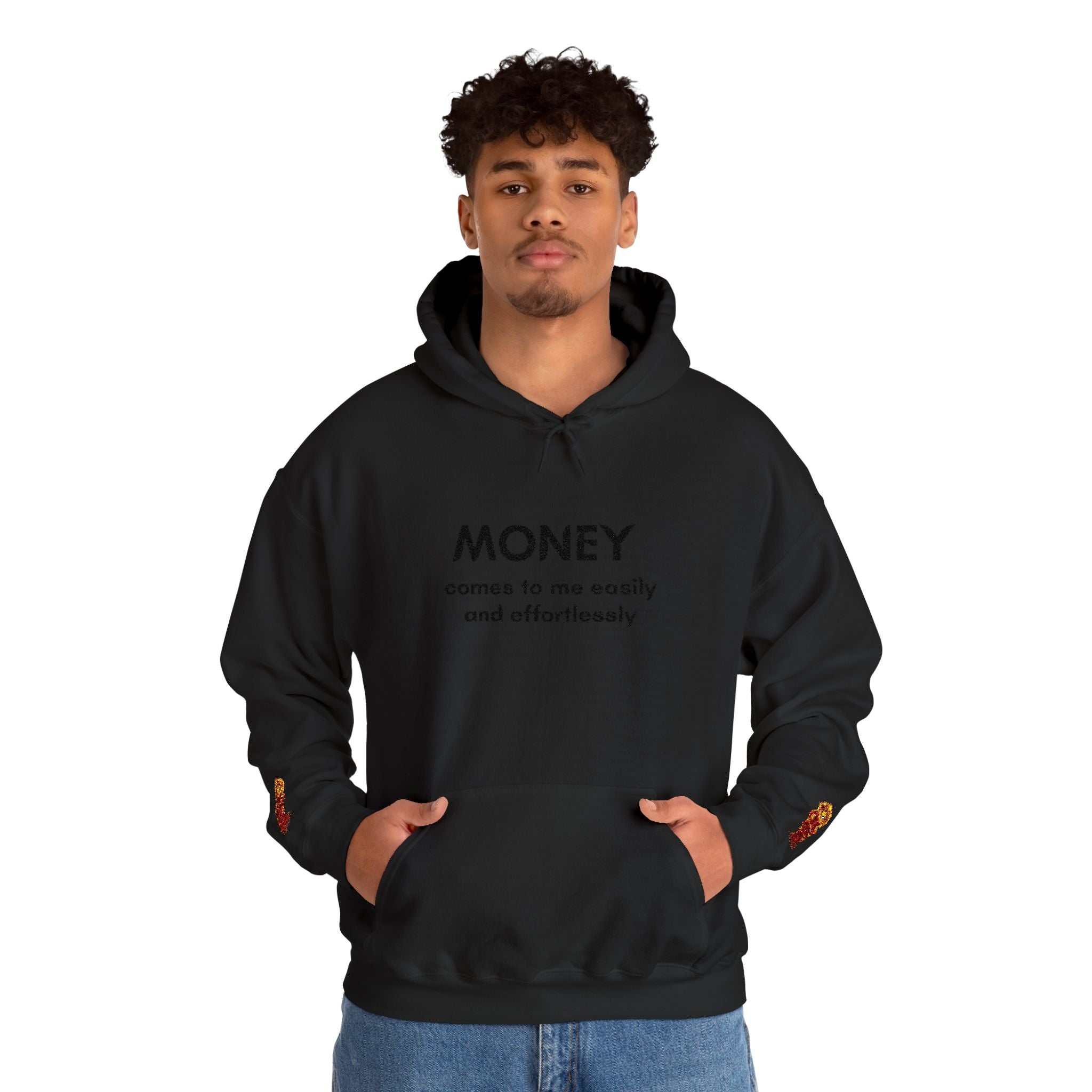 "Geld kommt zu mir" Hoodie — Positiver Affirmations-Hoodie mit Ärmelflammen-Akzent