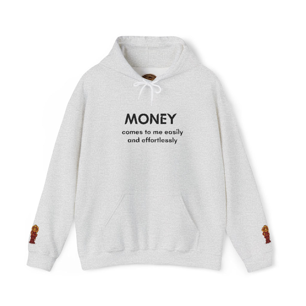 "Geld kommt zu mir" Hoodie — Positiver Affirmations-Hoodie mit Ärmelflammen-Akzent