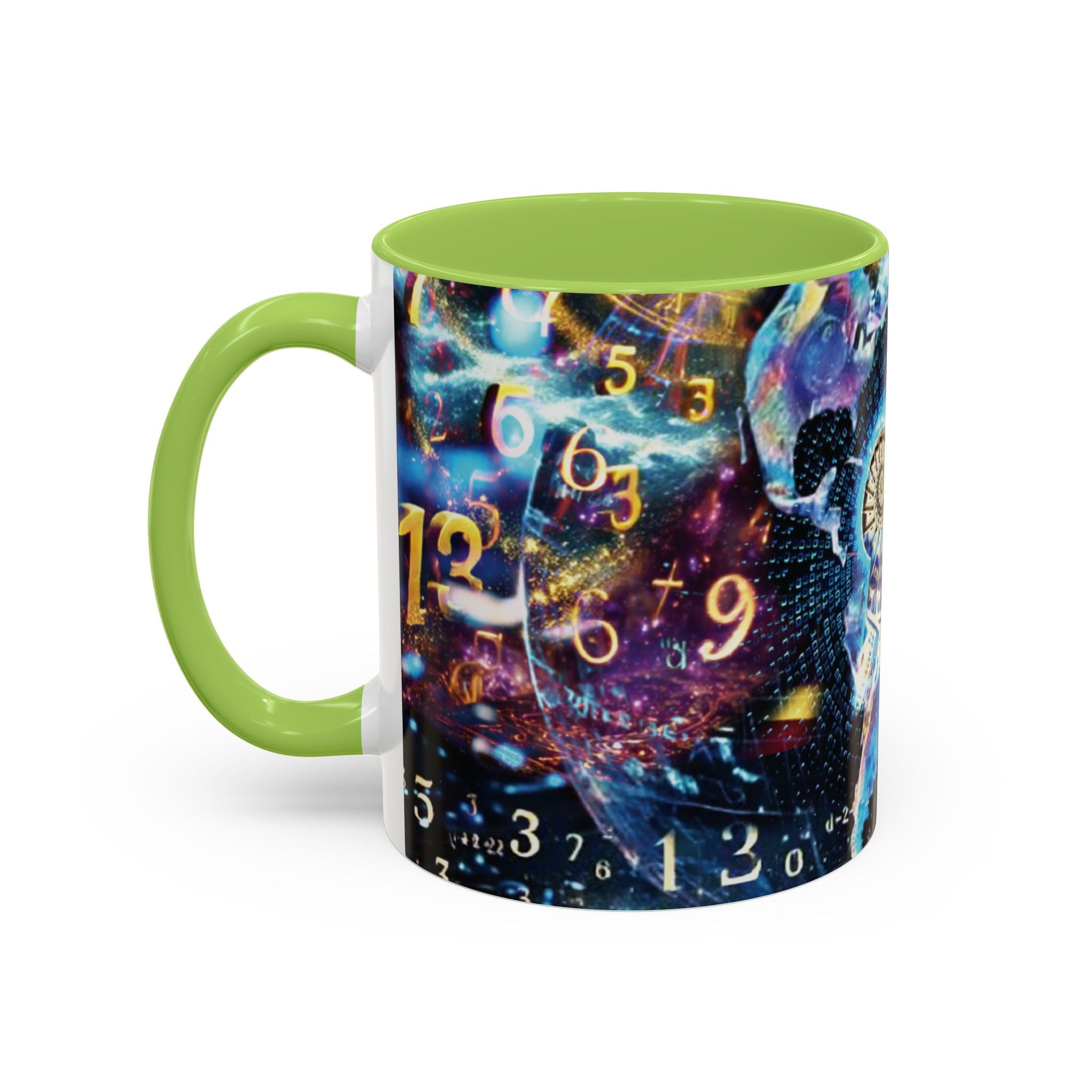 神秘的な数秘術アクセントコーヒーマグ — 宇宙の数字とスパイラルデザイン (11/15oz)