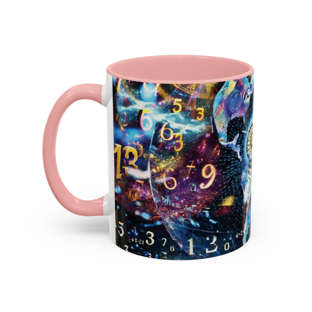 神秘的な数秘術アクセントコーヒーマグ — 宇宙の数字とスパイラルデザイン (11/15oz)