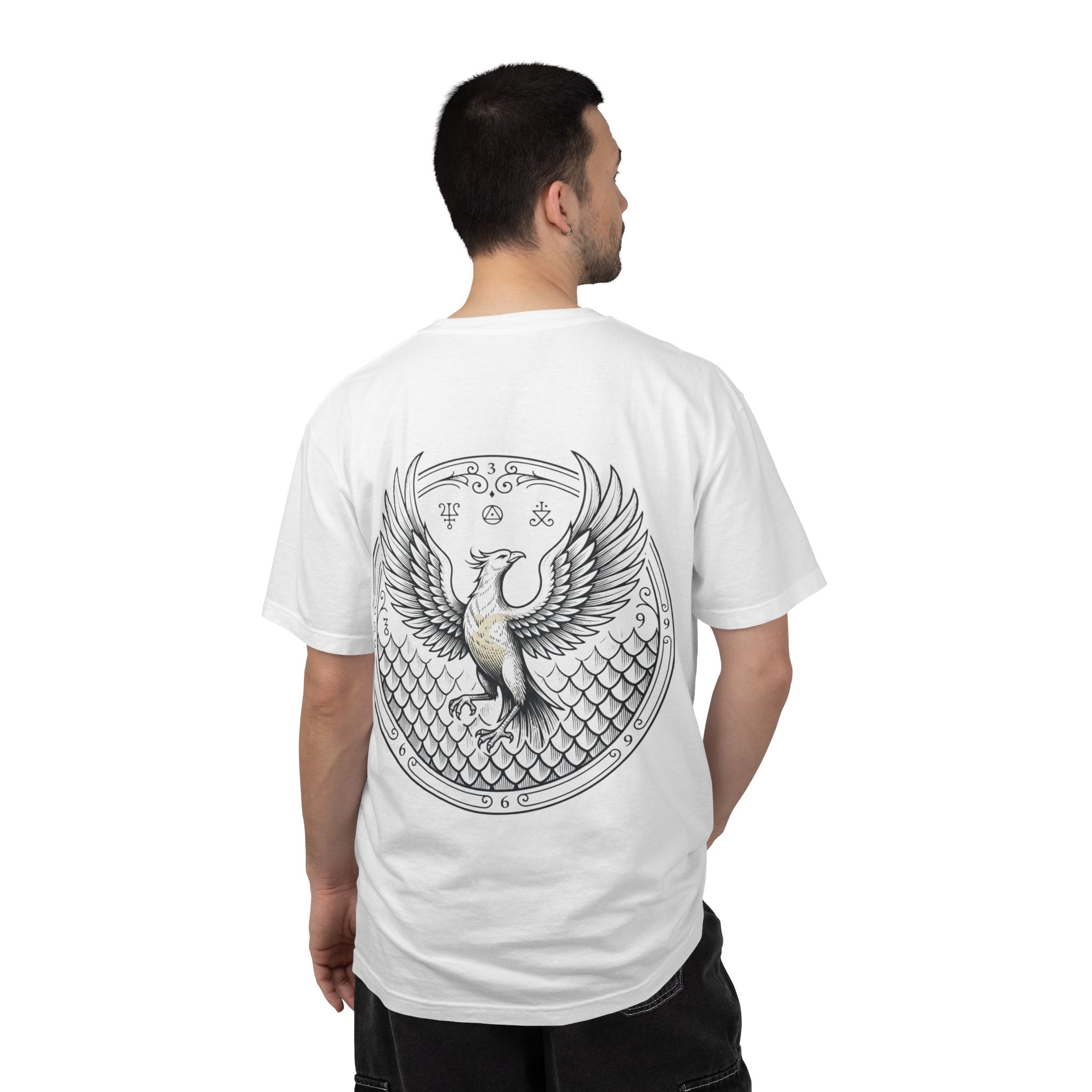 鳳凰冠Tシャツ | 冠ウロボロス再生グラフィックTシャツ | ガーメントダイ ヘビーウェイトコットン | スピリチュアル・トランスフォーメーション アパレル