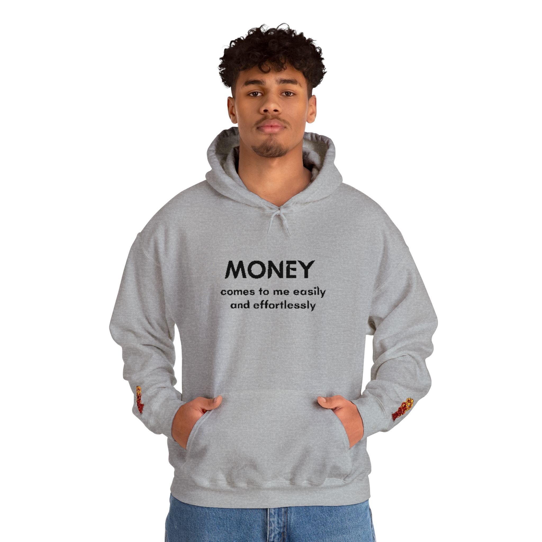 "Geld kommt zu mir" Hoodie — Positiver Affirmations-Hoodie mit Ärmelflammen-Akzent