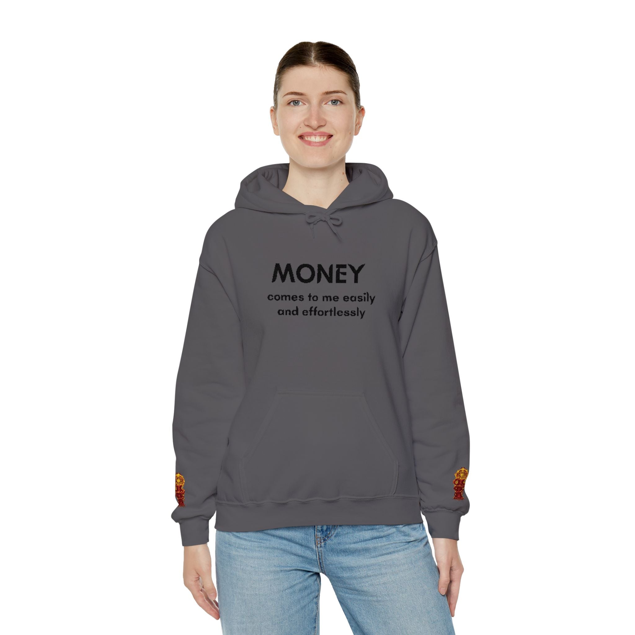 "Geld kommt zu mir" Hoodie — Positiver Affirmations-Hoodie mit Ärmelflammen-Akzent