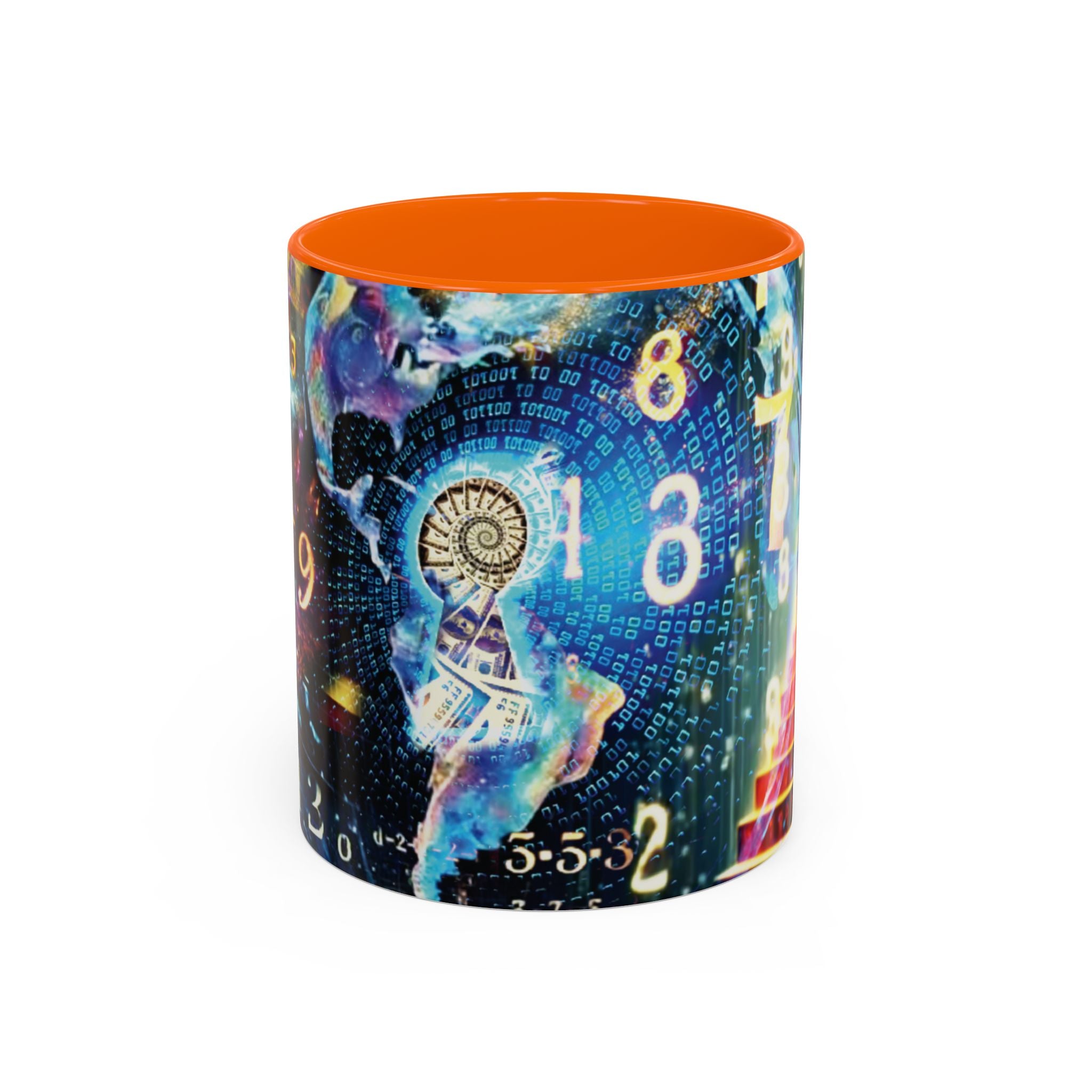 Mystical Numerology Accent Coffee Mug — Cosmic Numbers & Spiral Design (11/15oz)