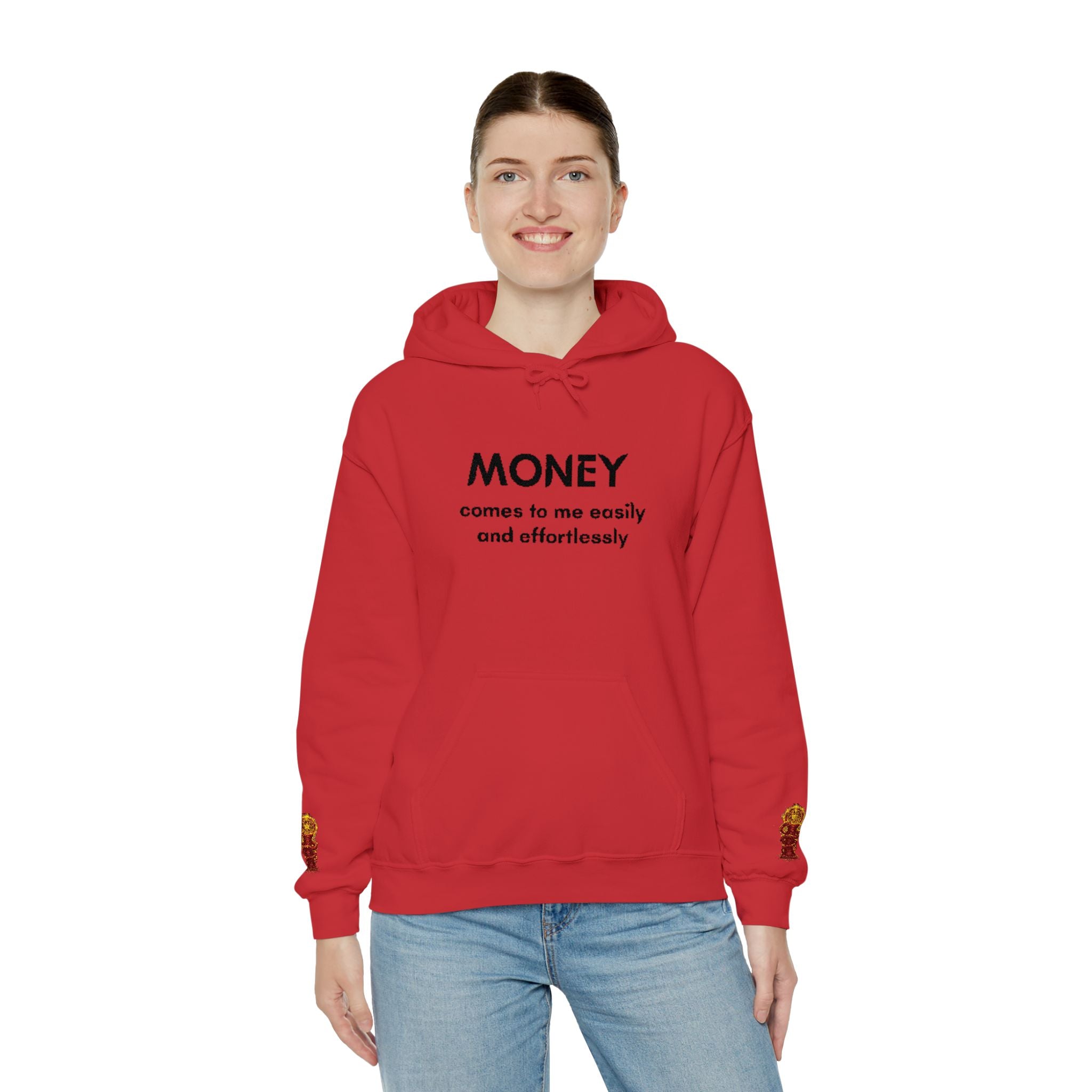 "Geld kommt zu mir" Hoodie — Positiver Affirmations-Hoodie mit Ärmelflammen-Akzent