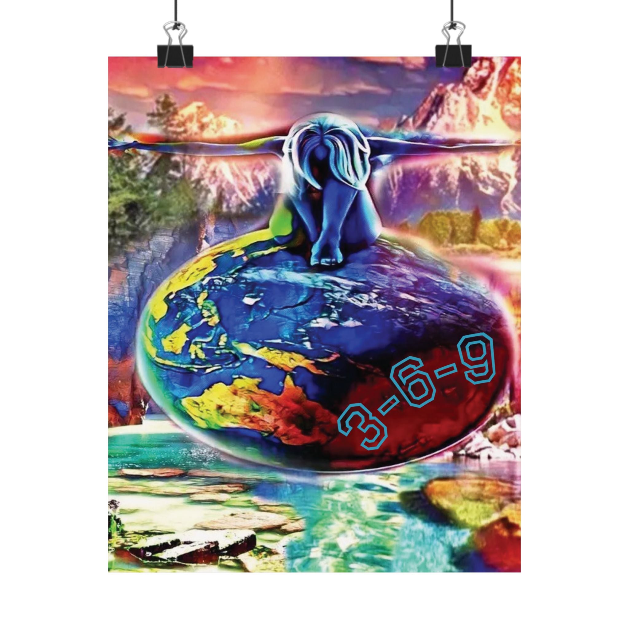 Matte Vertical Poster — Vibrant Surreal Earth Bull Design with "3-6-9"