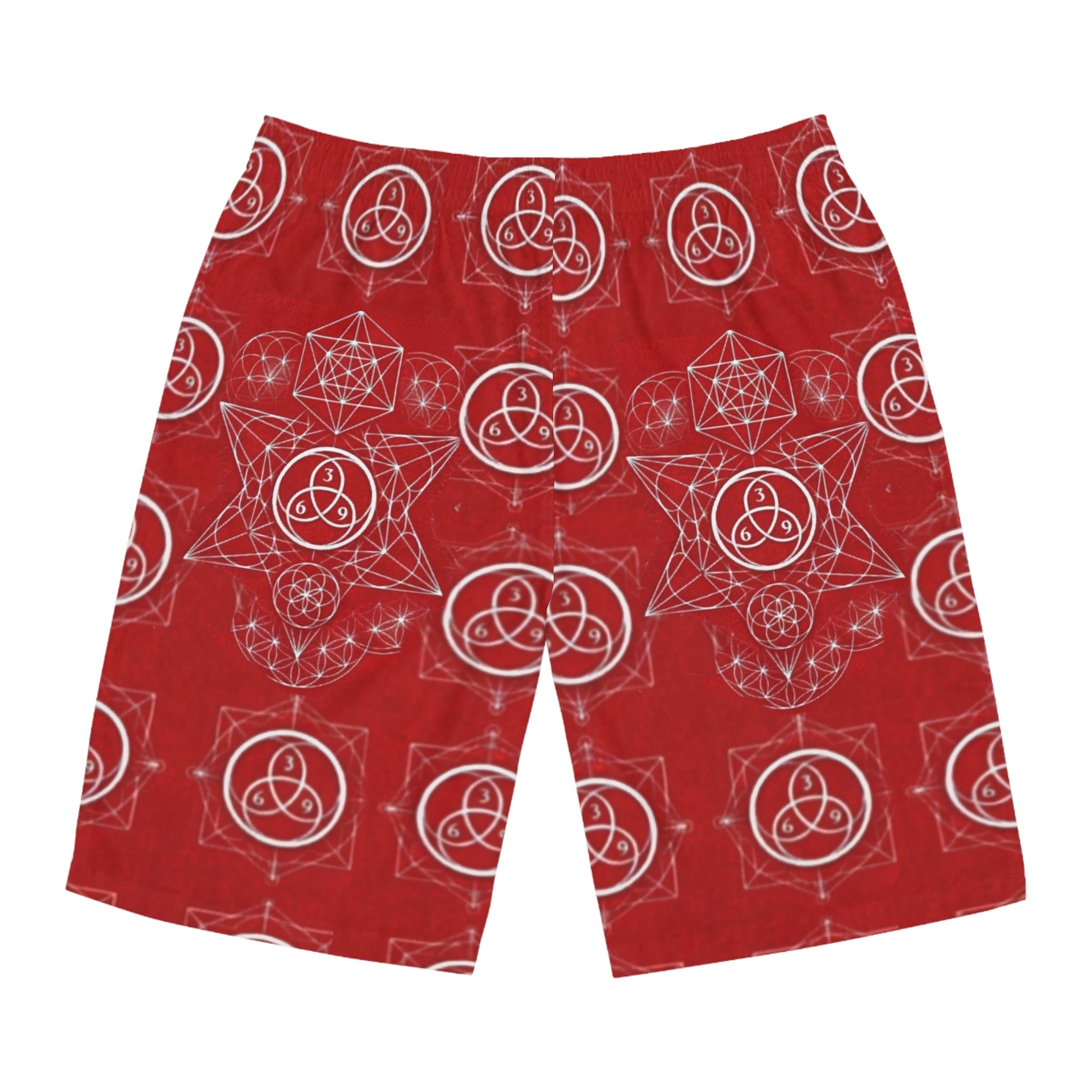 Red Sacred Geometry Board Shorts — Men's AOP Swim Trunks
