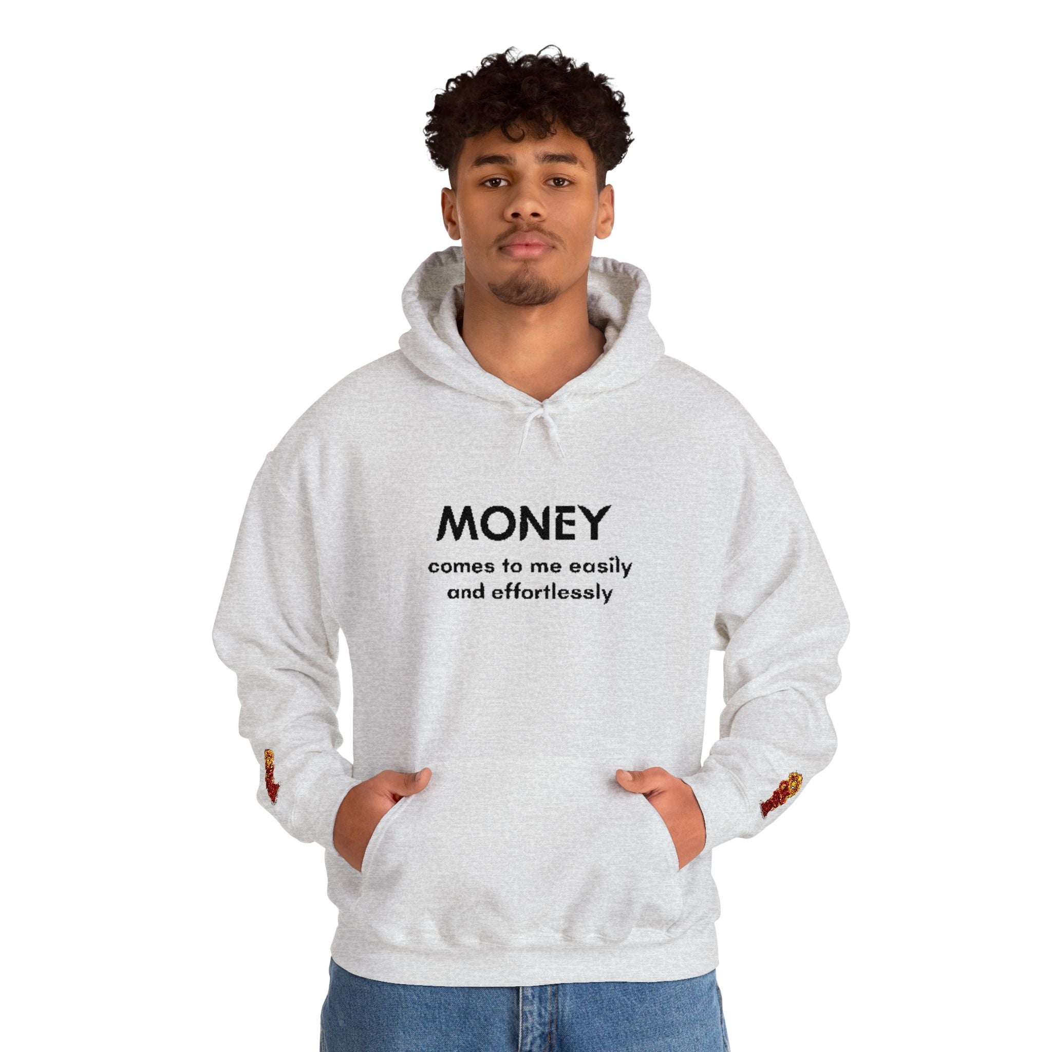 "Geld kommt zu mir" Hoodie — Positiver Affirmations-Hoodie mit Ärmelflammen-Akzent