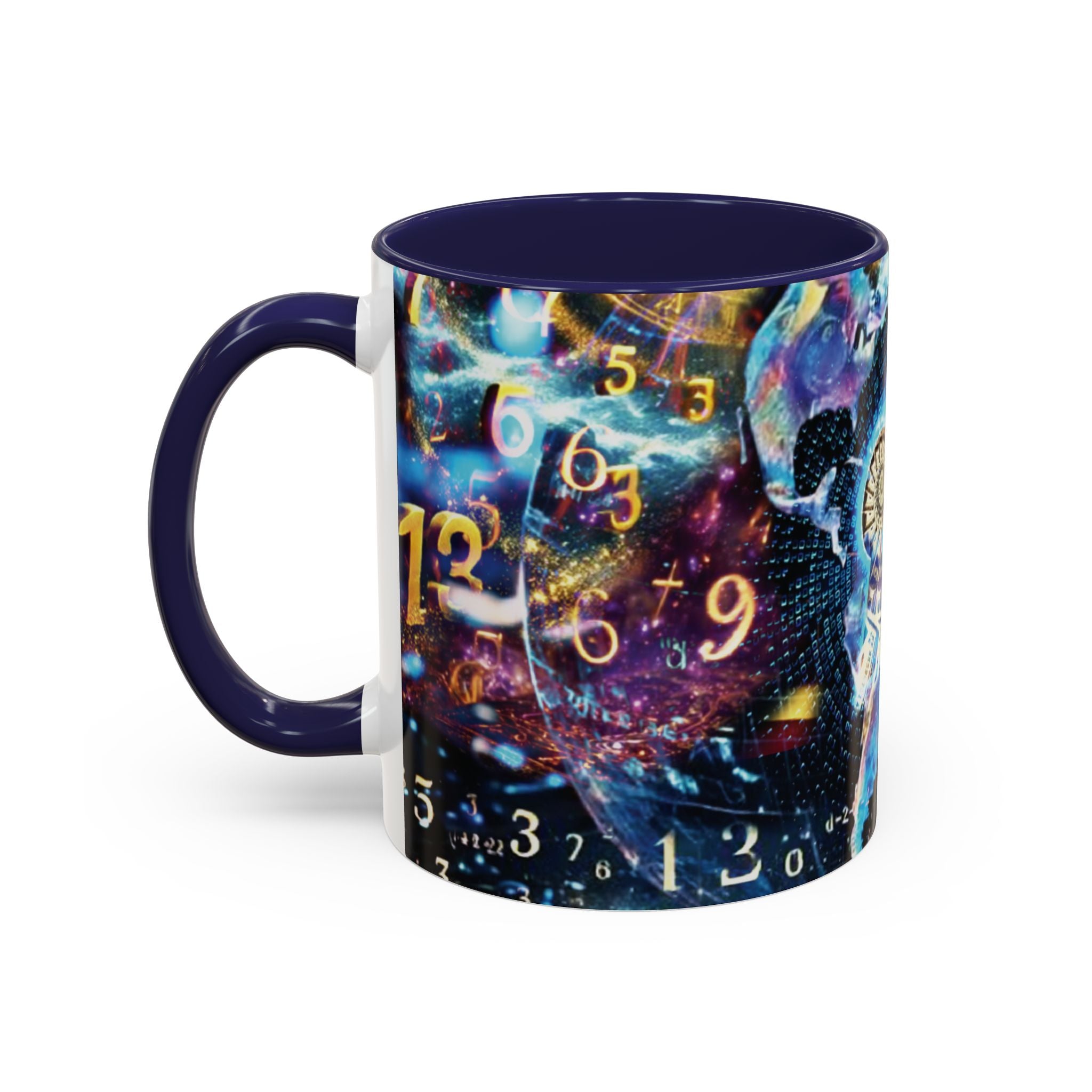 神秘的な数秘術アクセントコーヒーマグ — 宇宙の数字とスパイラルデザイン (11/15oz)