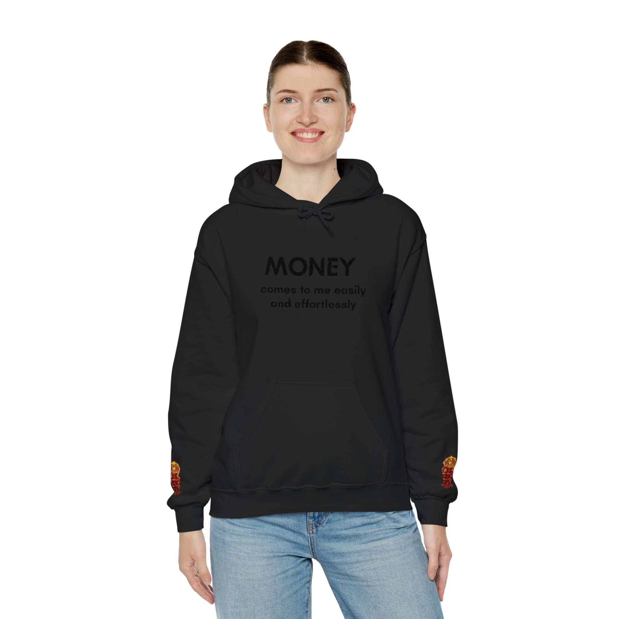 "Geld kommt zu mir" Hoodie — Positiver Affirmations-Hoodie mit Ärmelflammen-Akzent