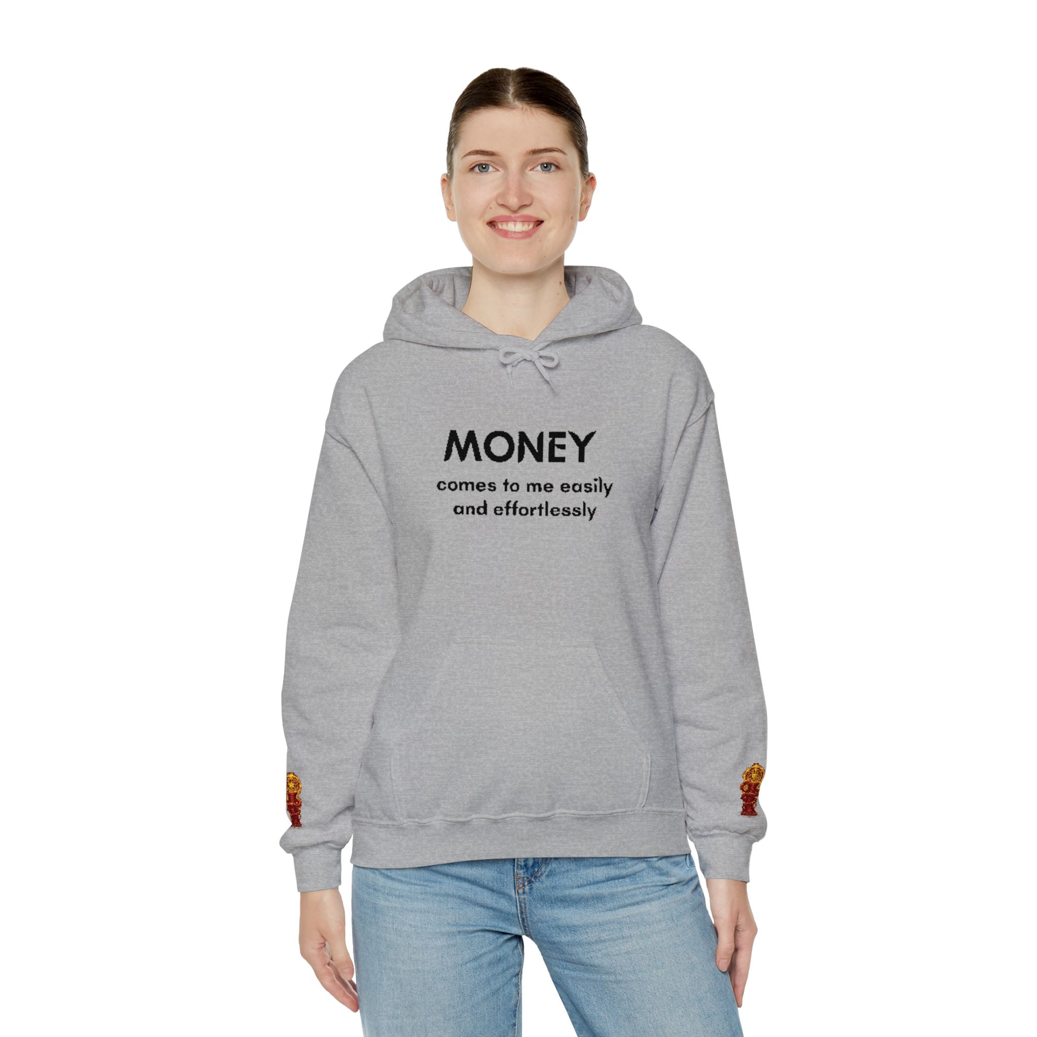 "Geld kommt zu mir" Hoodie — Positiver Affirmations-Hoodie mit Ärmelflammen-Akzent