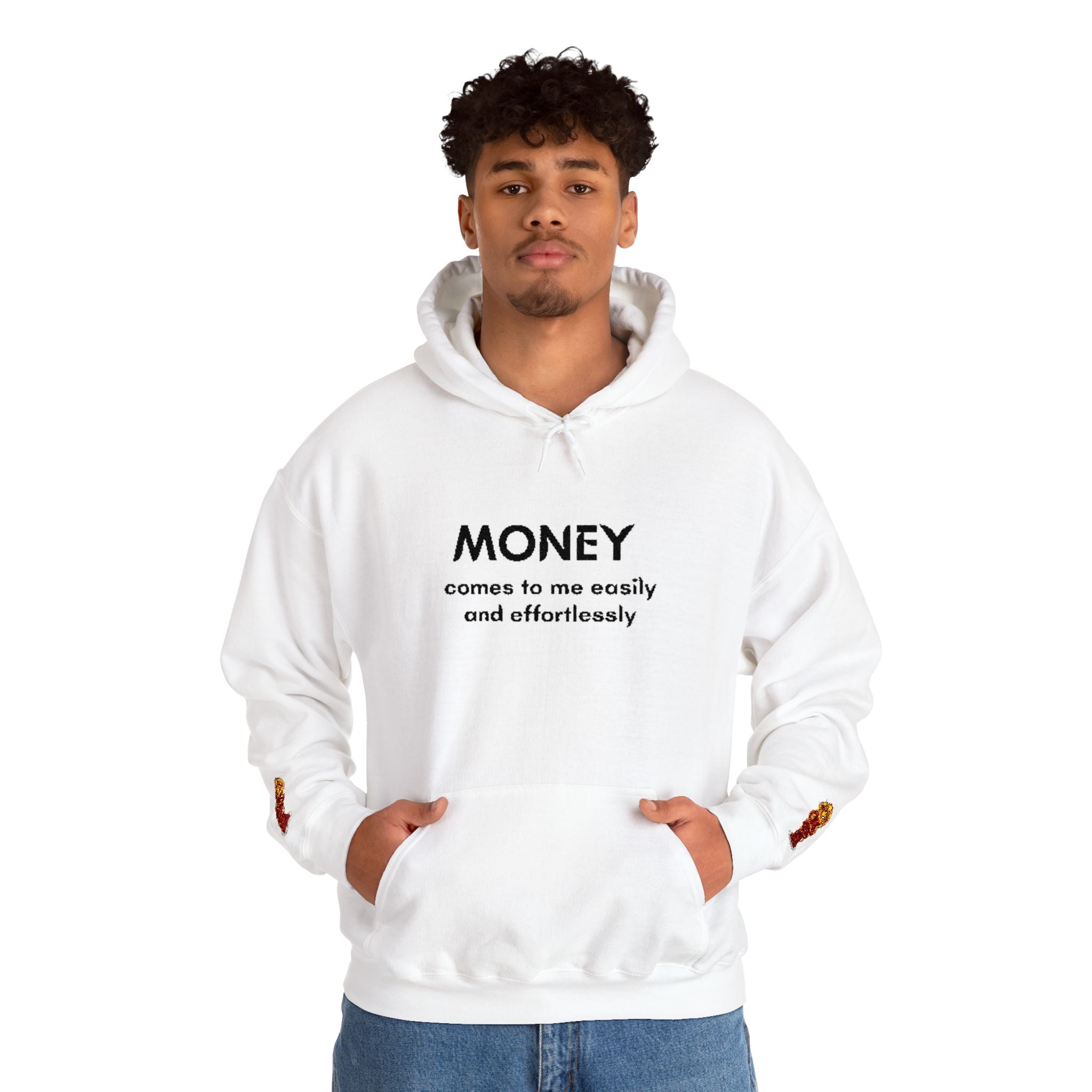 "Geld kommt zu mir" Hoodie — Positiver Affirmations-Hoodie mit Ärmelflammen-Akzent