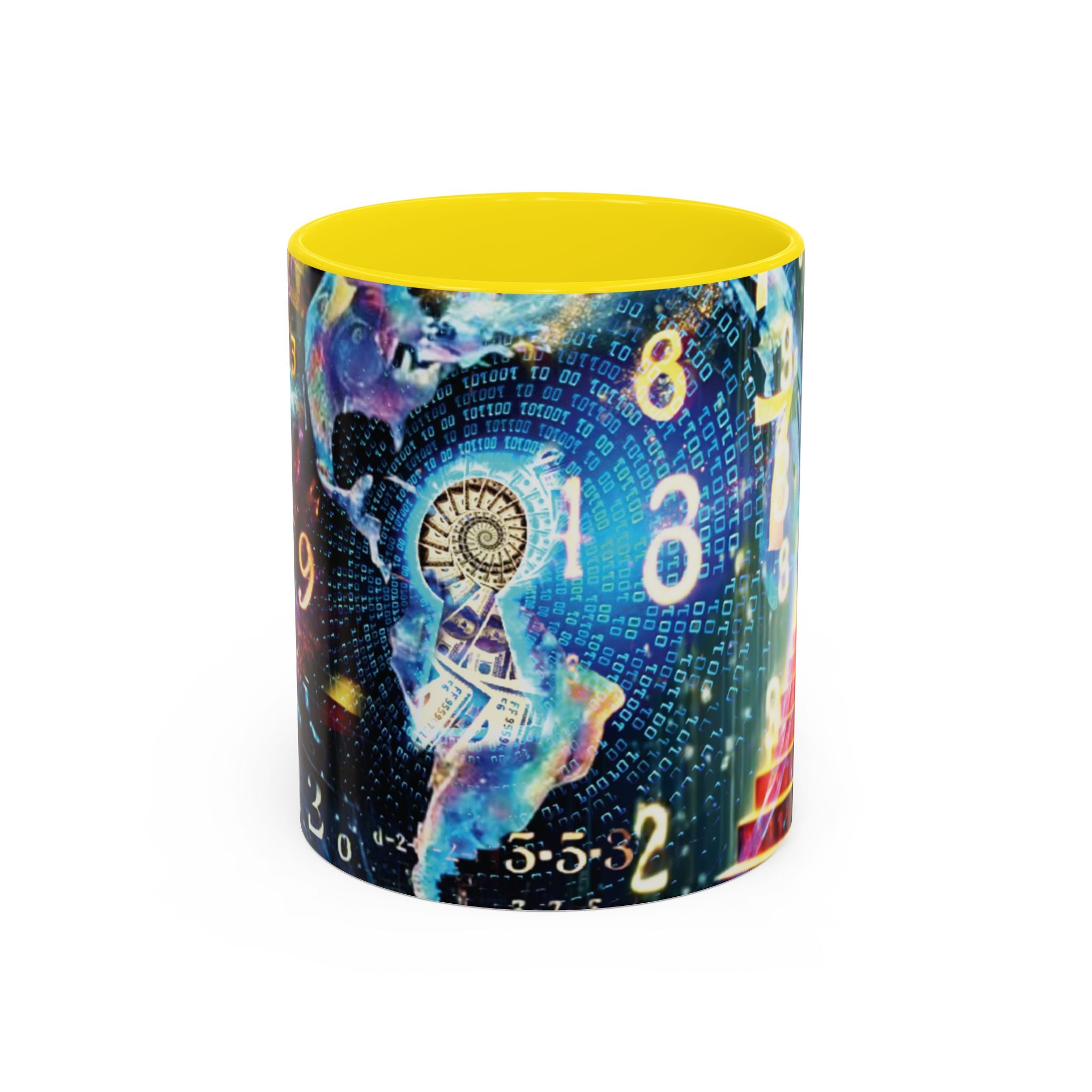 Mystical Numerology Accent Coffee Mug — Cosmic Numbers & Spiral Design (11/15oz)