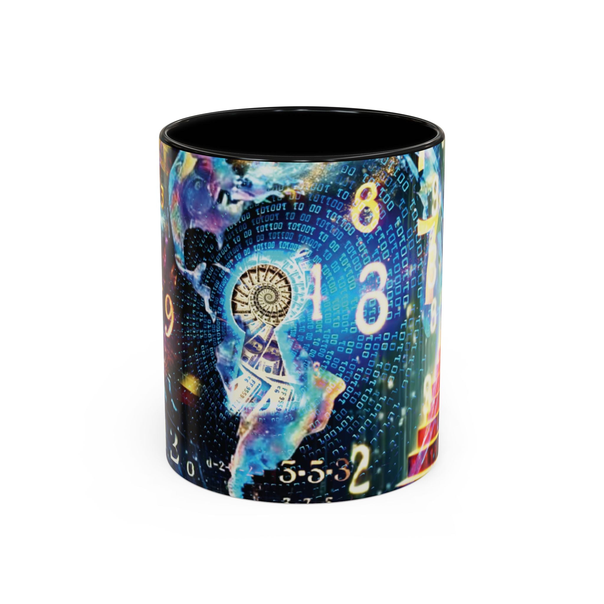 Mystical Numerology Accent Coffee Mug — Cosmic Numbers & Spiral Design (11/15oz)