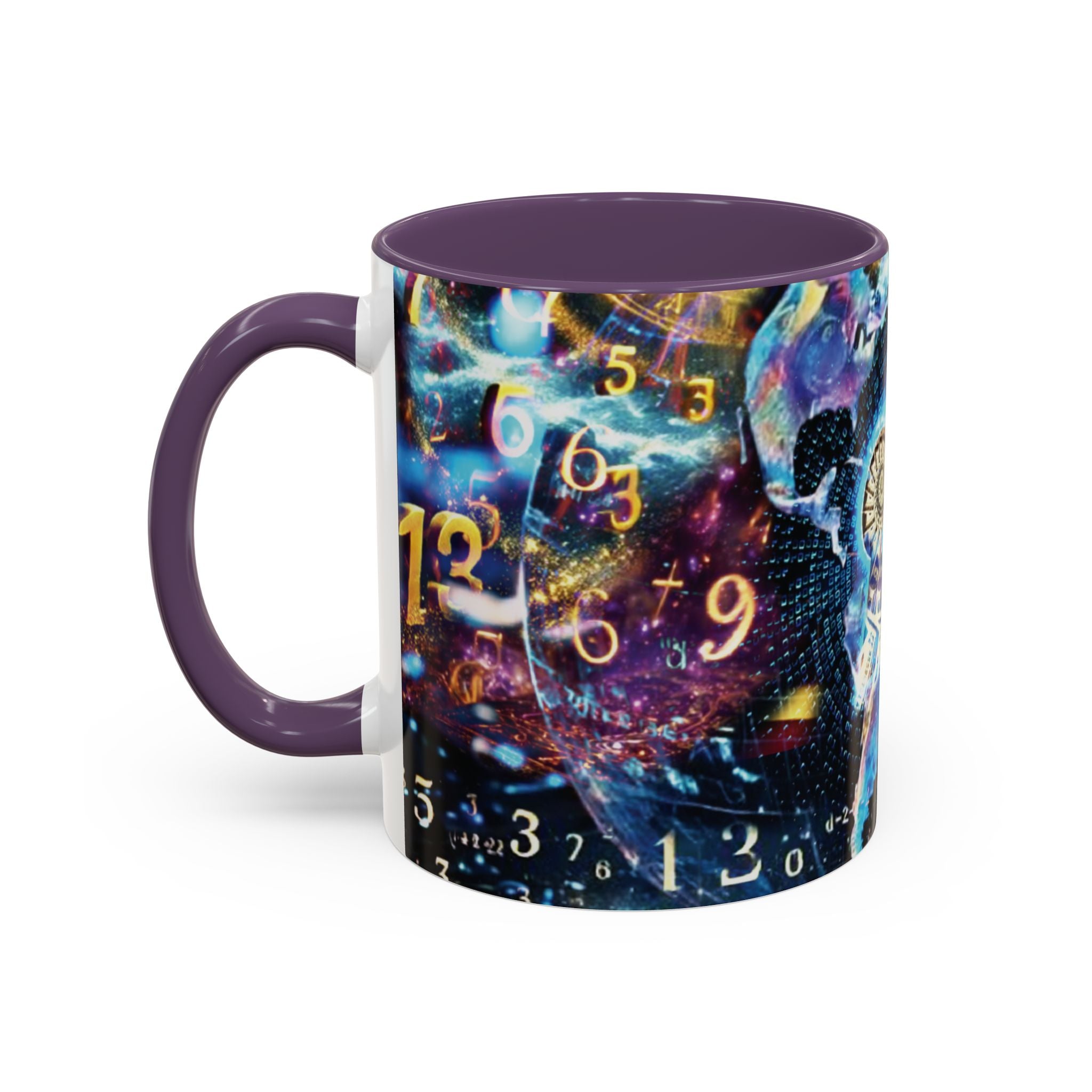 神秘的な数秘術アクセントコーヒーマグ — 宇宙の数字とスパイラルデザイン (11/15oz)