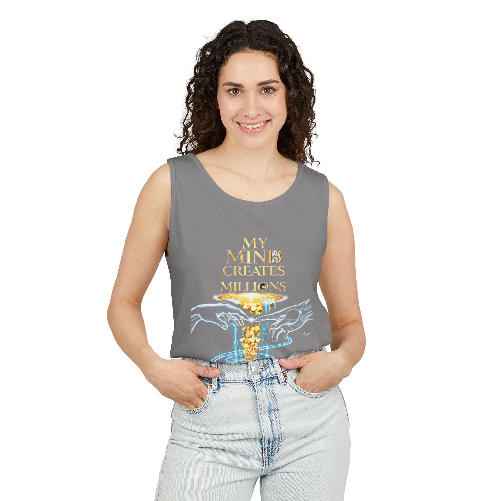 Motivierendes Tanktop zum Thema Geld – „My Mind Creates Millions“ / „I Build Wealth That Lasts Generations“