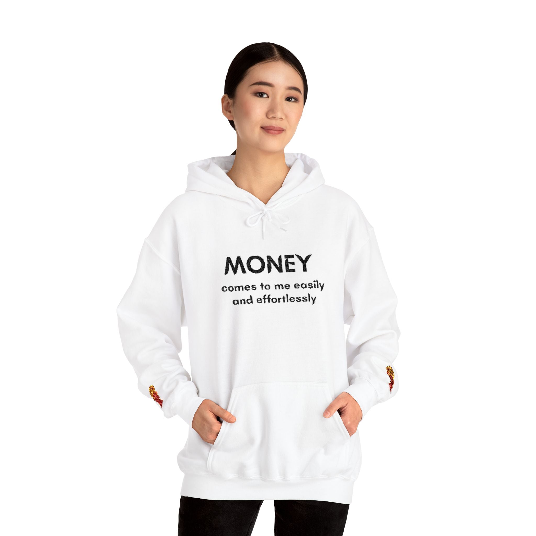 "Geld kommt zu mir" Hoodie — Positiver Affirmations-Hoodie mit Ärmelflammen-Akzent