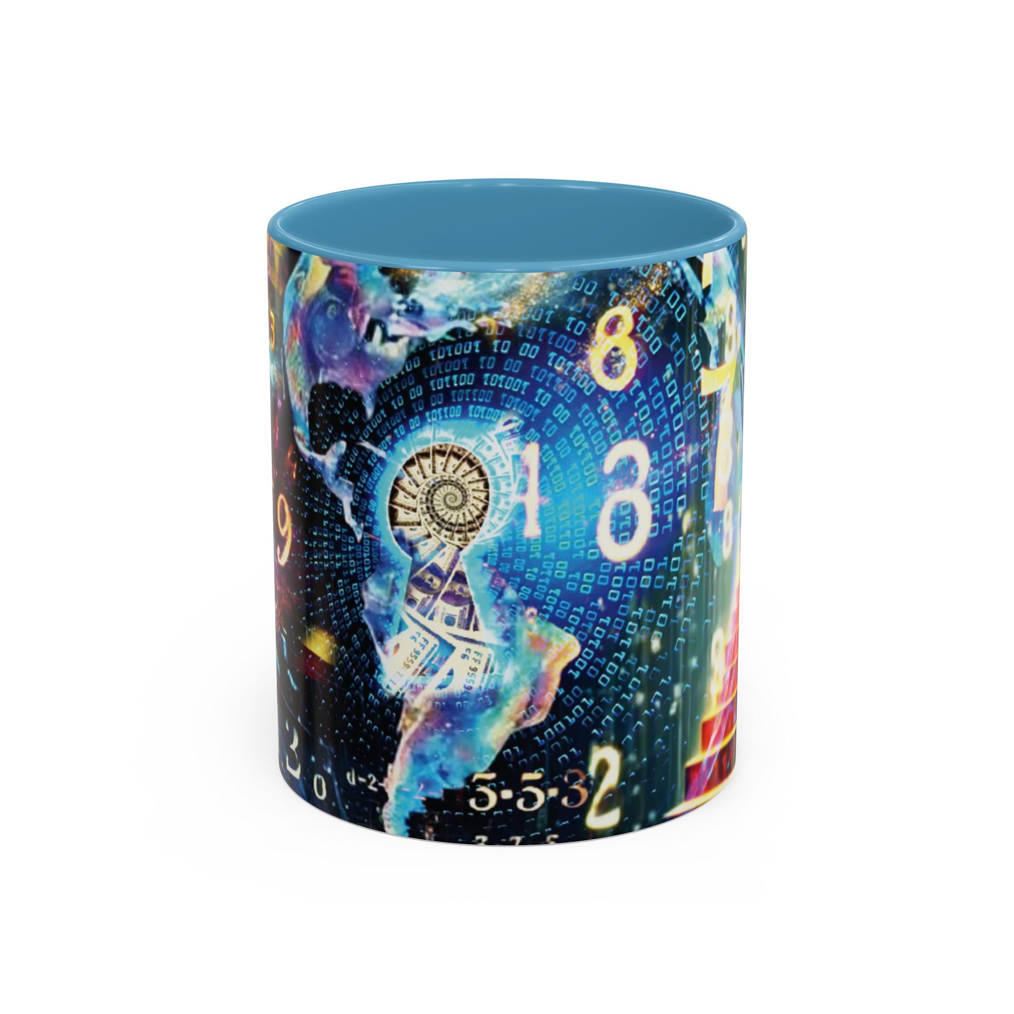 Mystical Numerology Accent Coffee Mug — Cosmic Numbers & Spiral Design (11/15oz)