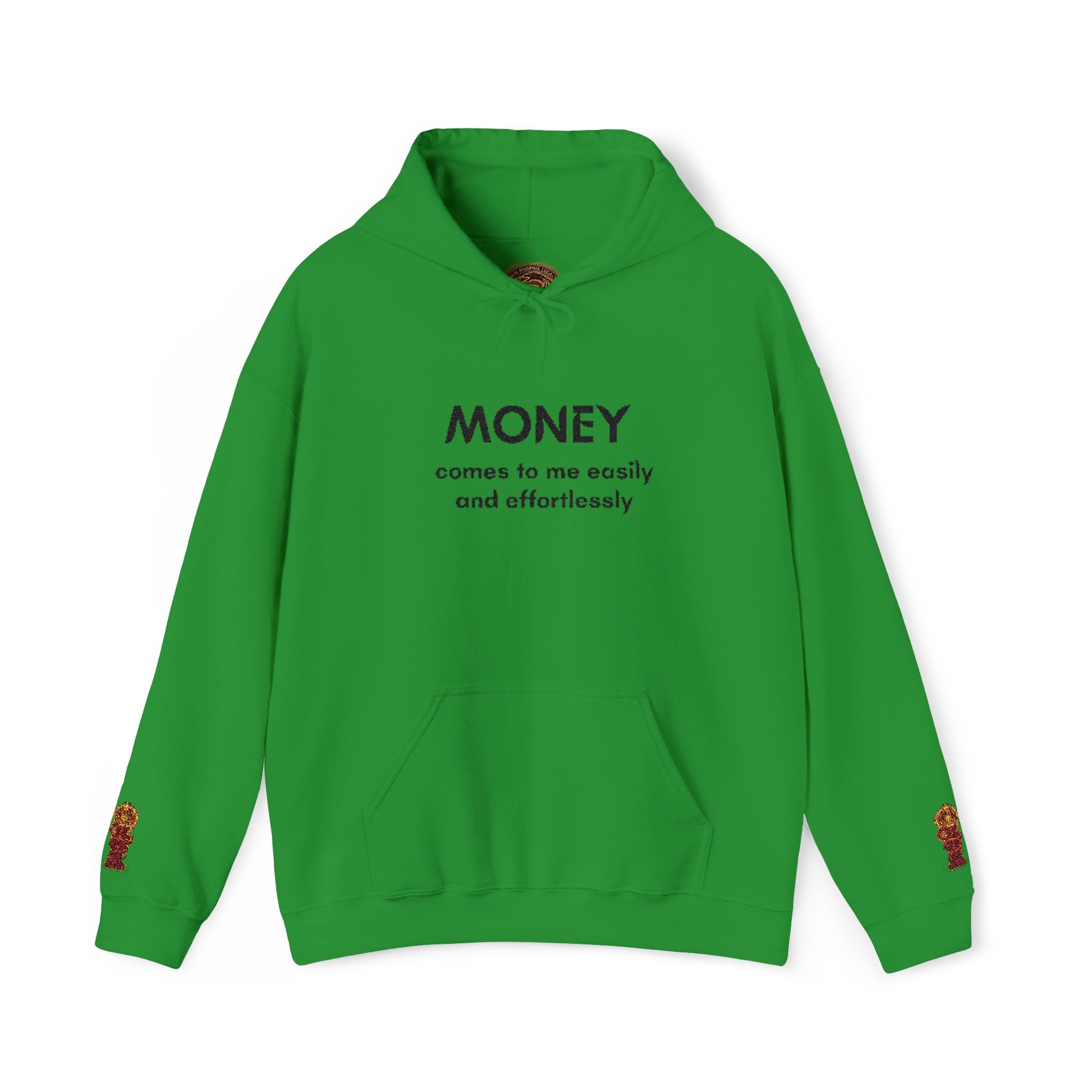 Sweat à capuche « L'argent vient à moi » — Sweat à capuche d'affirmation positive avec motif flamme sur la manche