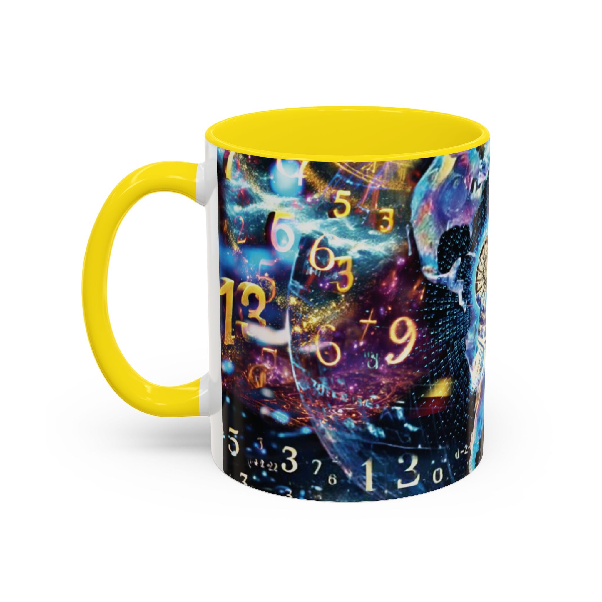 神秘的な数秘術アクセントコーヒーマグ — 宇宙の数字とスパイラルデザイン (11/15oz)