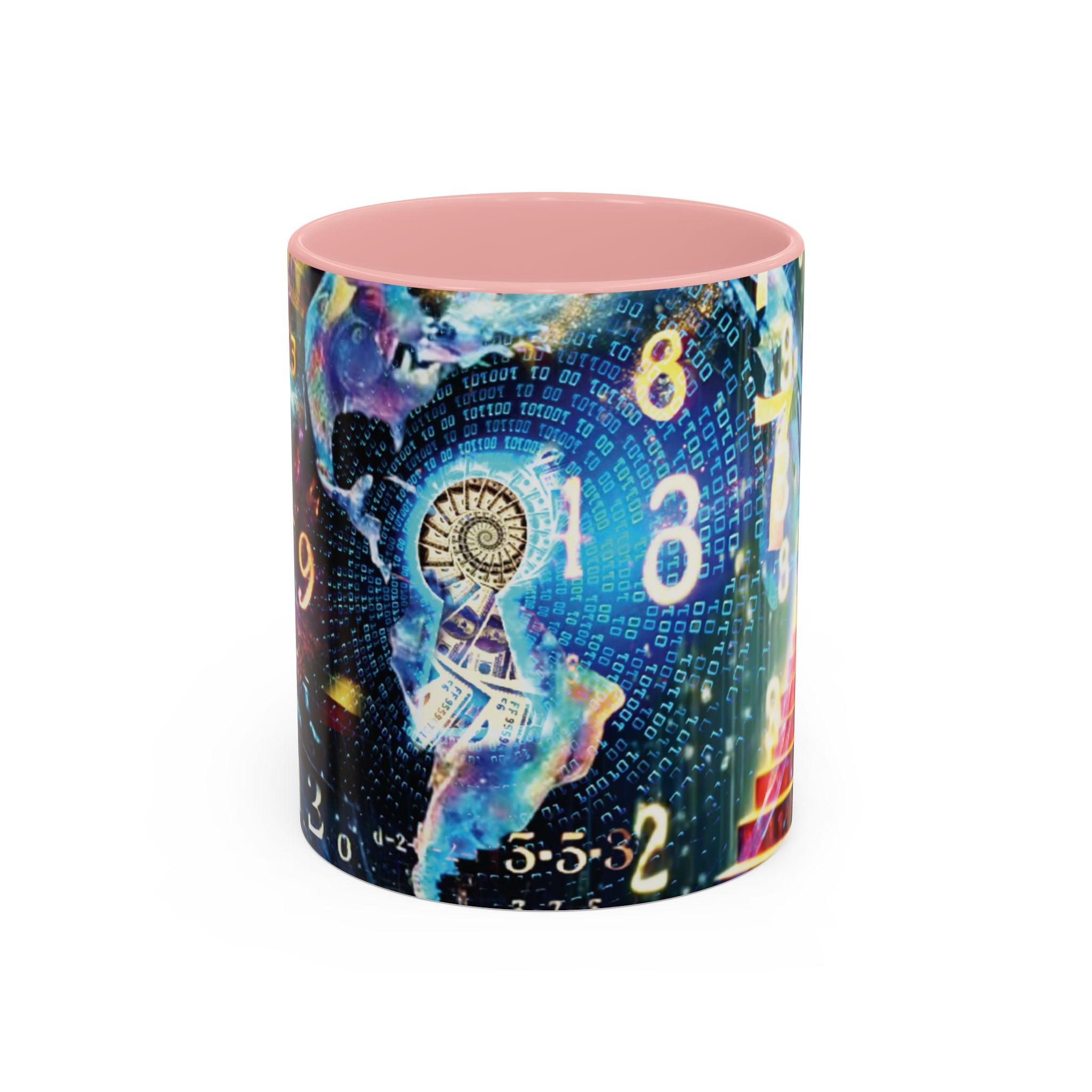 Mystical Numerology Accent Coffee Mug — Cosmic Numbers & Spiral Design (11/15oz)