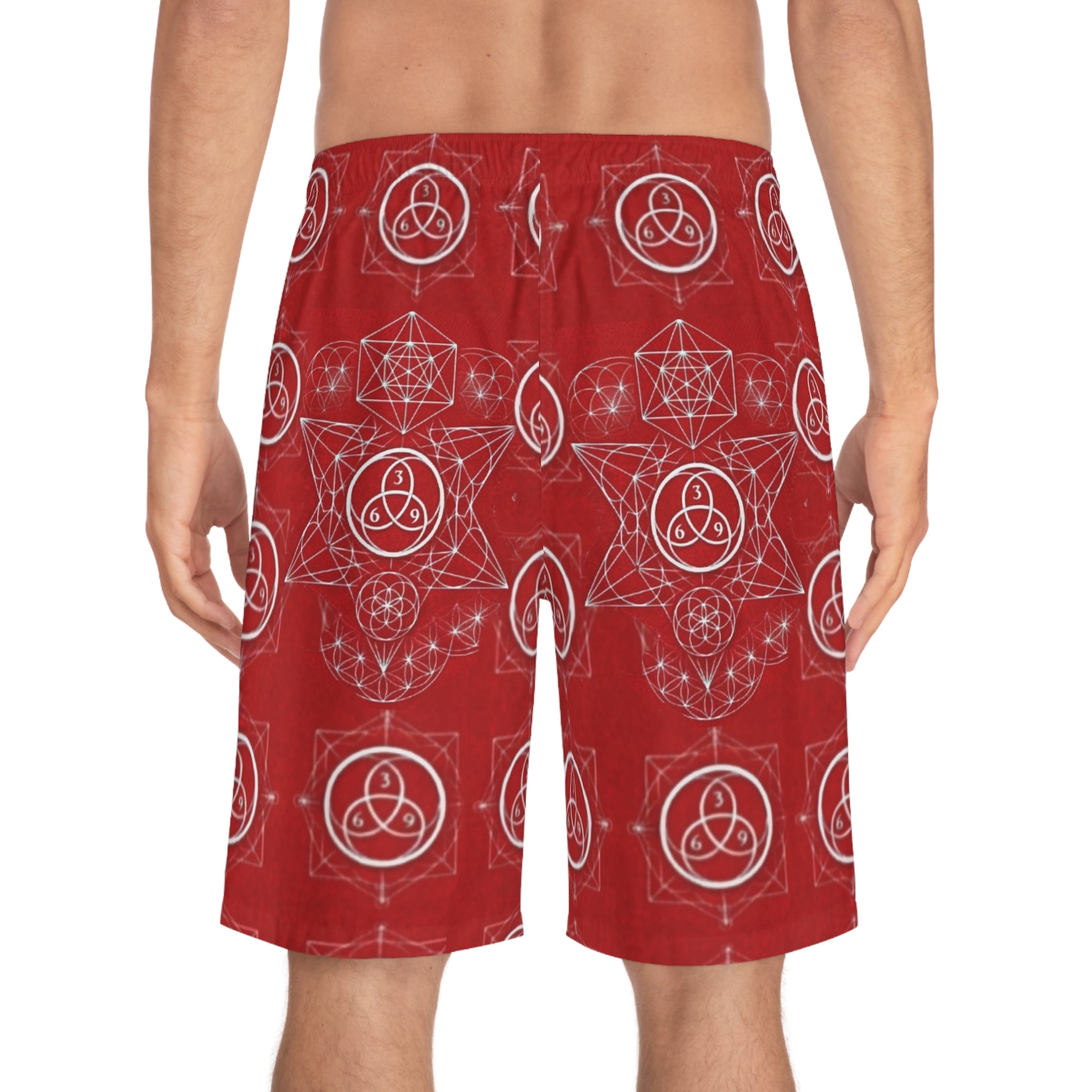 Red Sacred Geometry Board Shorts — Men's AOP Swim Trunks