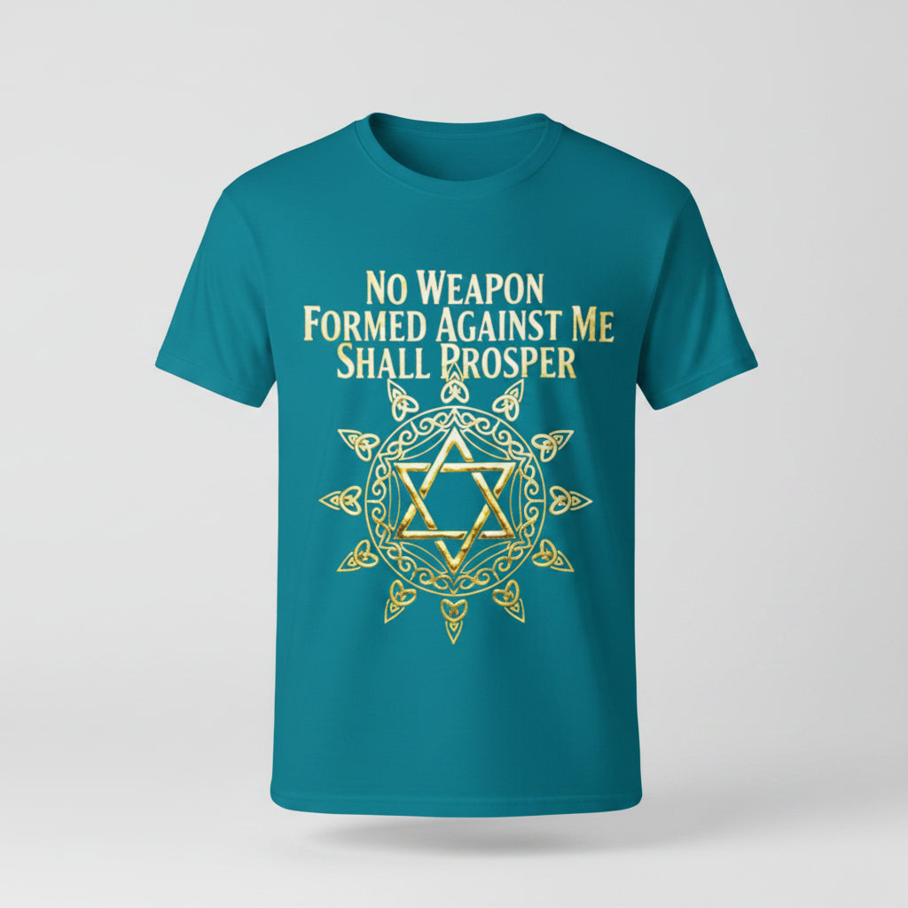 Teal t-shirt with Star of David design and motivational text on a white background